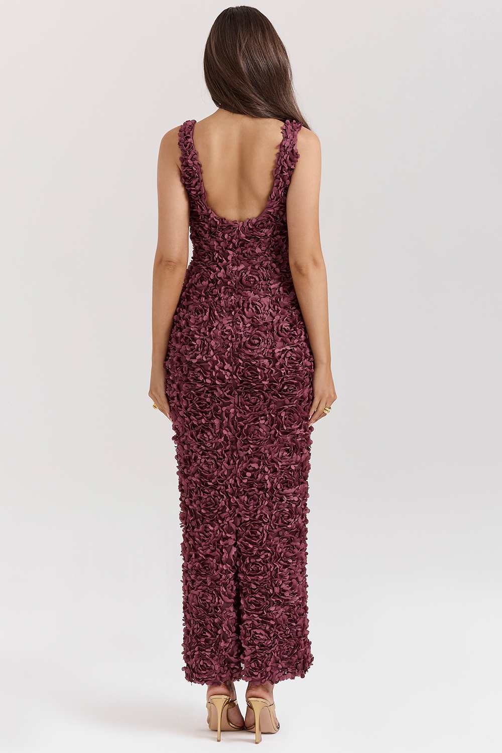 Carena-Merlot Plunge Floral Appliqué Maxi Dress