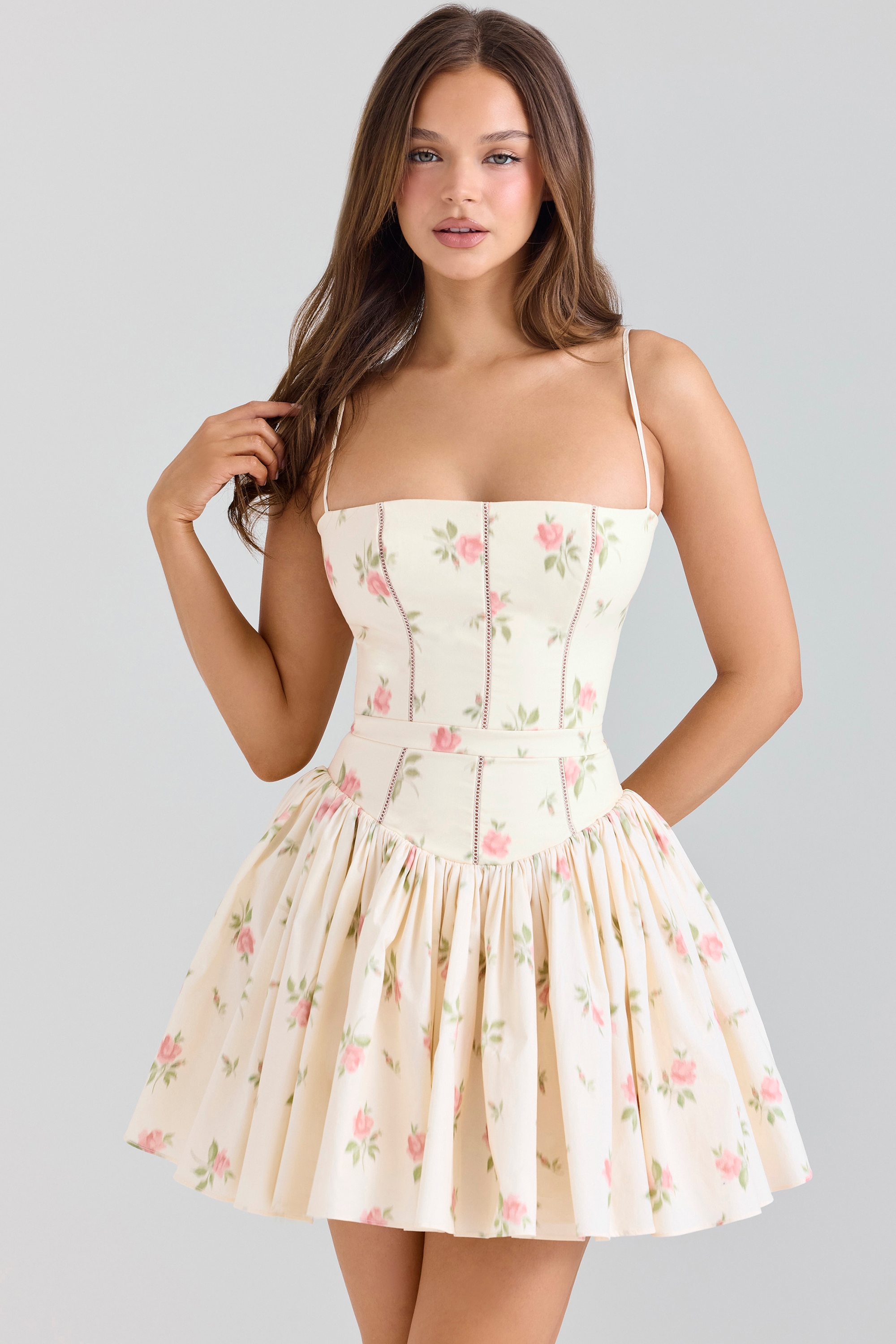 Ysabella-Cream Rose Print Stretch Cotton Mini Sundress