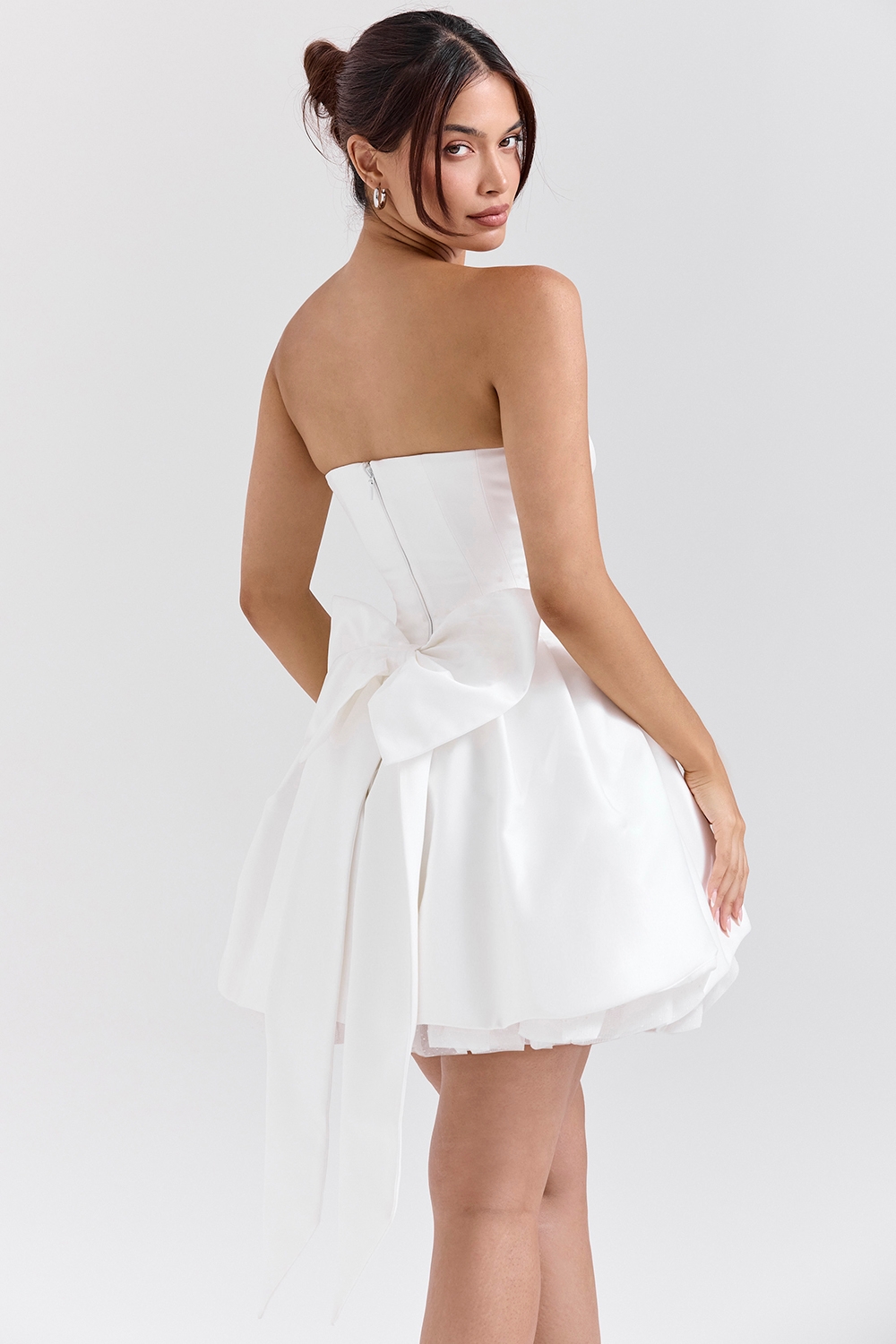 Noele-White Satin Strapless Bow Mini Gown