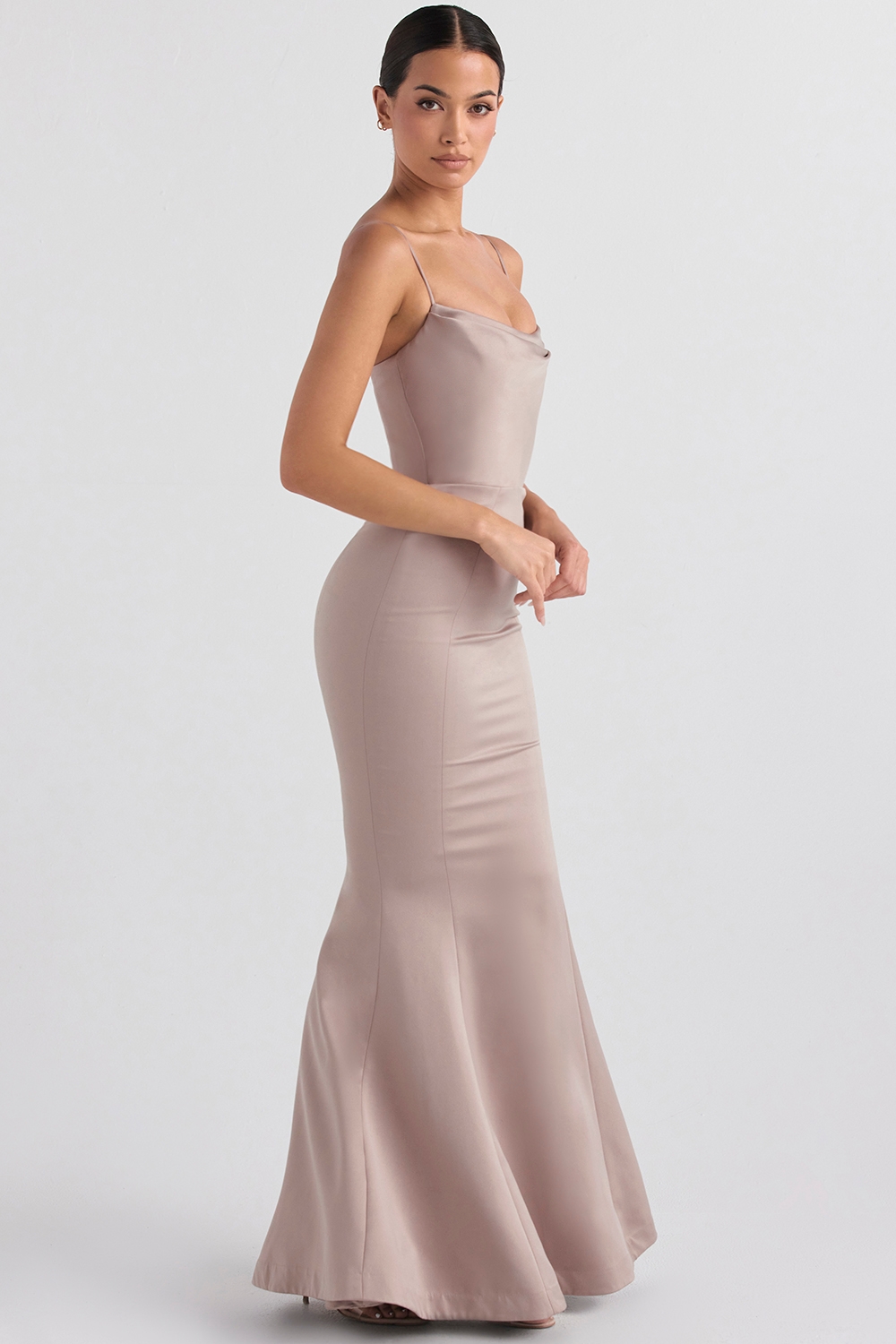 Violette-Mushroom Satin Fishtail Gown