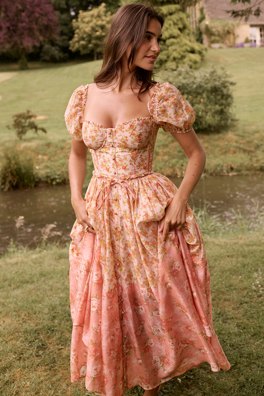 Penelope-Peach Poppy Print Puff Sleeve Midi Sundress