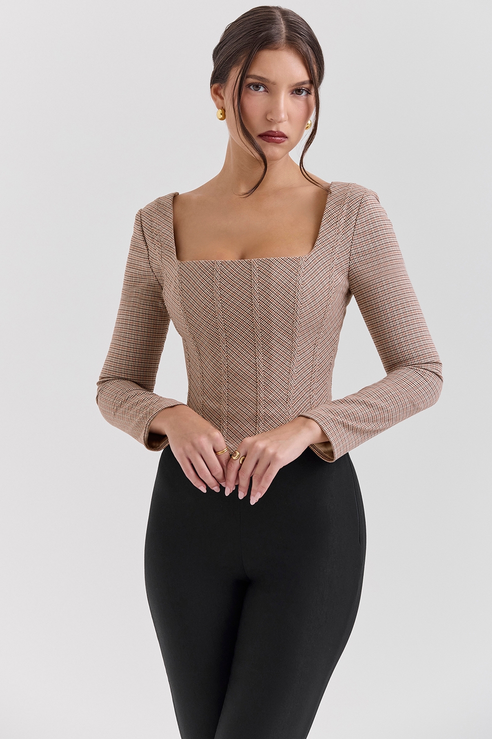 Antonia-Brown Puppytooth Corset Top - SALE