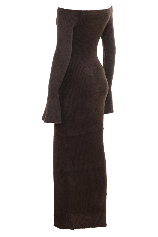 Lucena-Espresso Knit Off Shoulder Dress