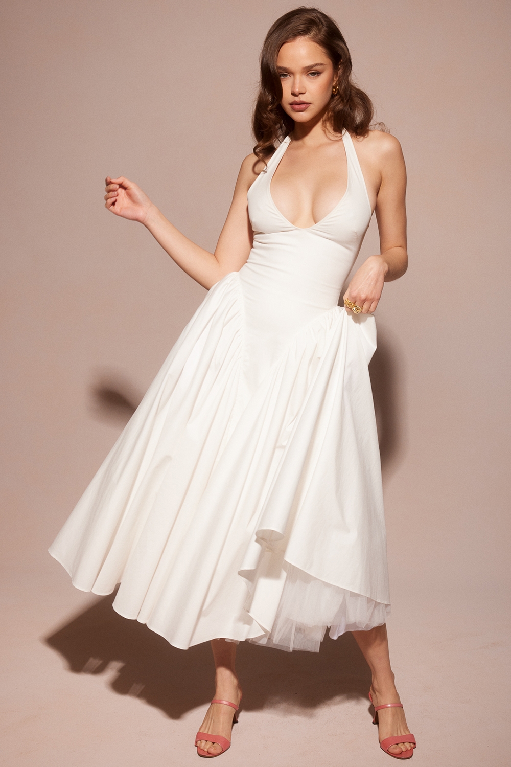 Marilyn-White Cotton Halter Midi Sundress