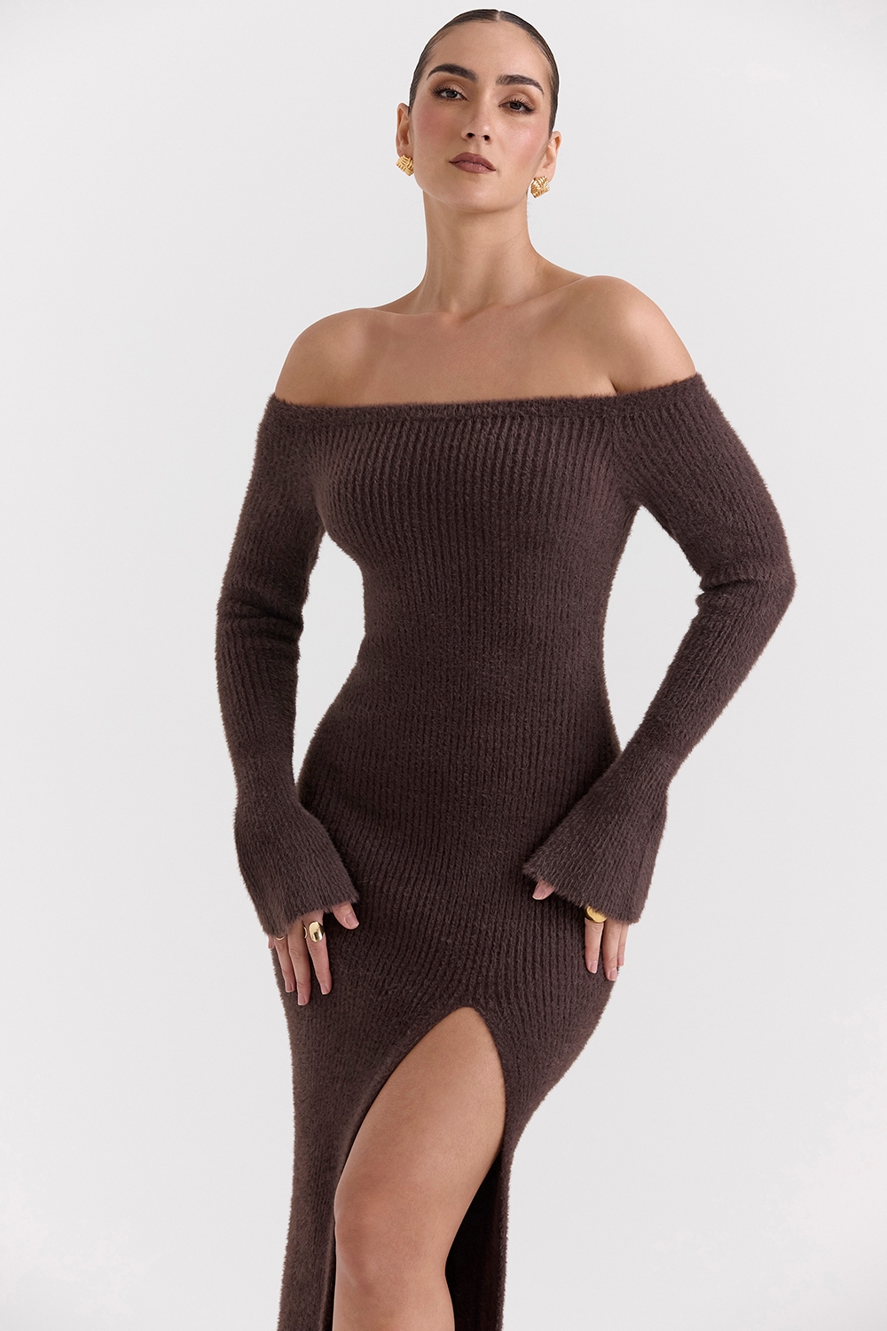 Lucena-Espresso Knit Off Shoulder Dress