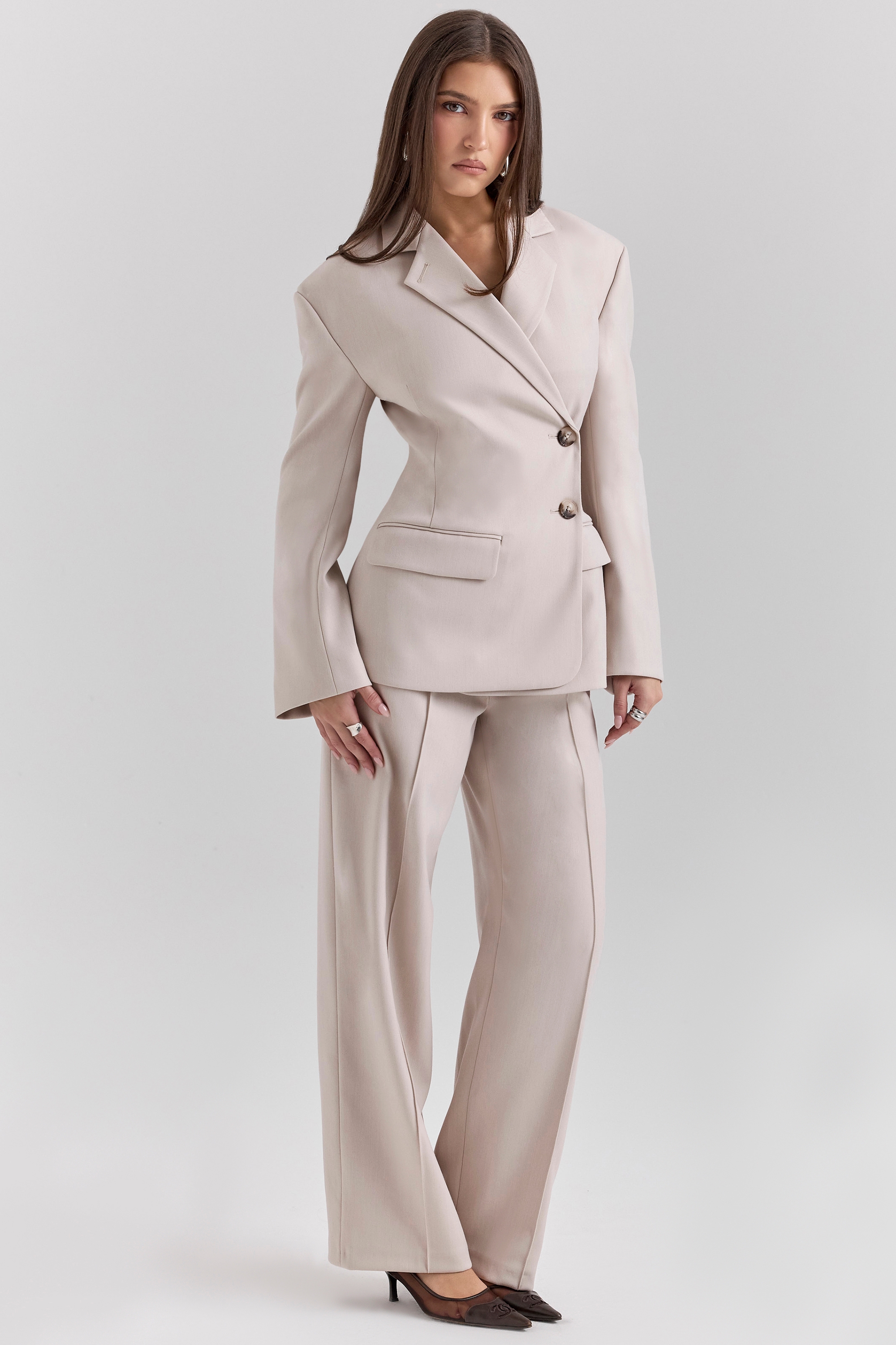 Hayden-Beige High Waist Tailored Trousers