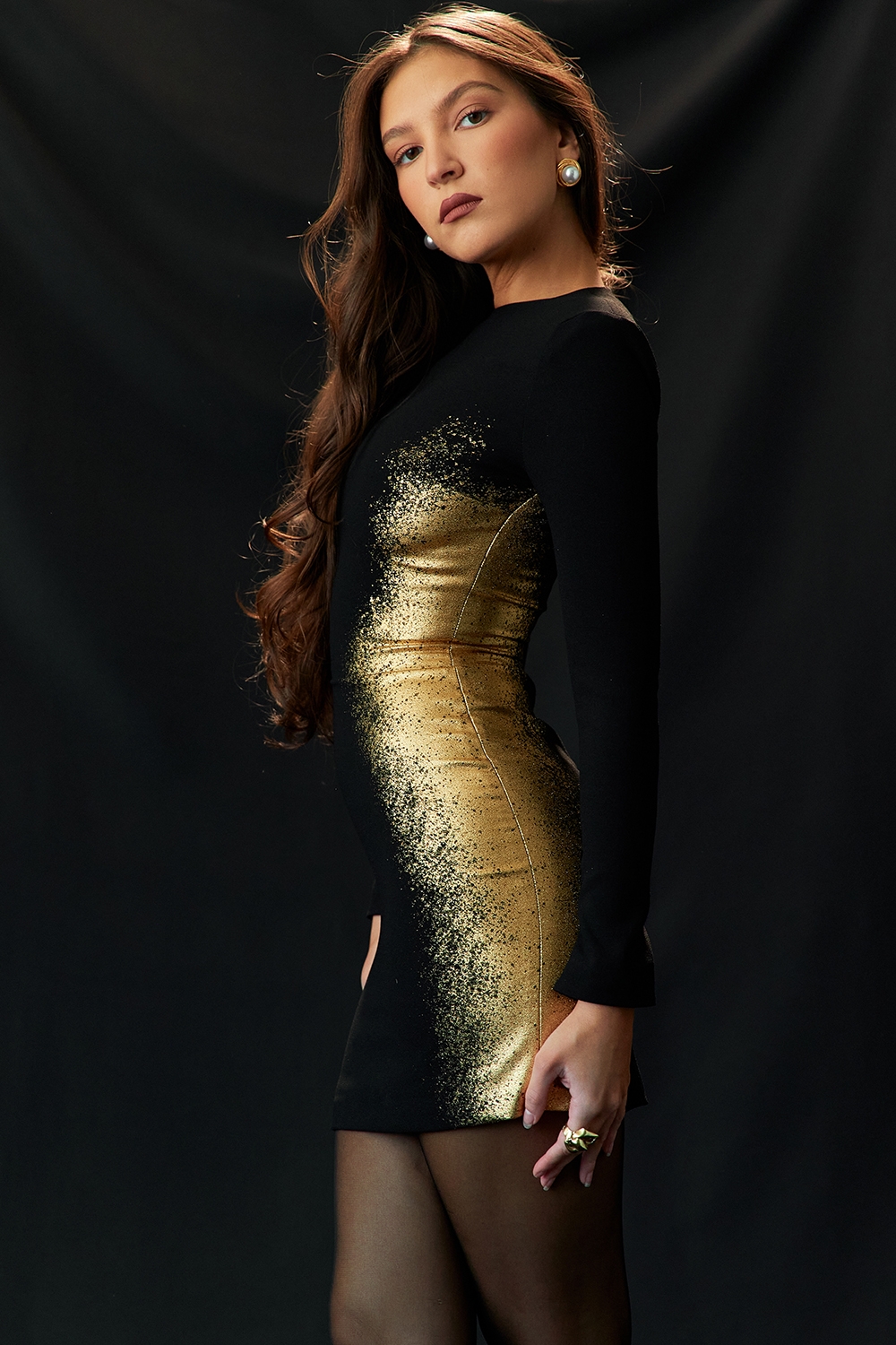 Domenica-Black & Gold Foil Print Mini Dress