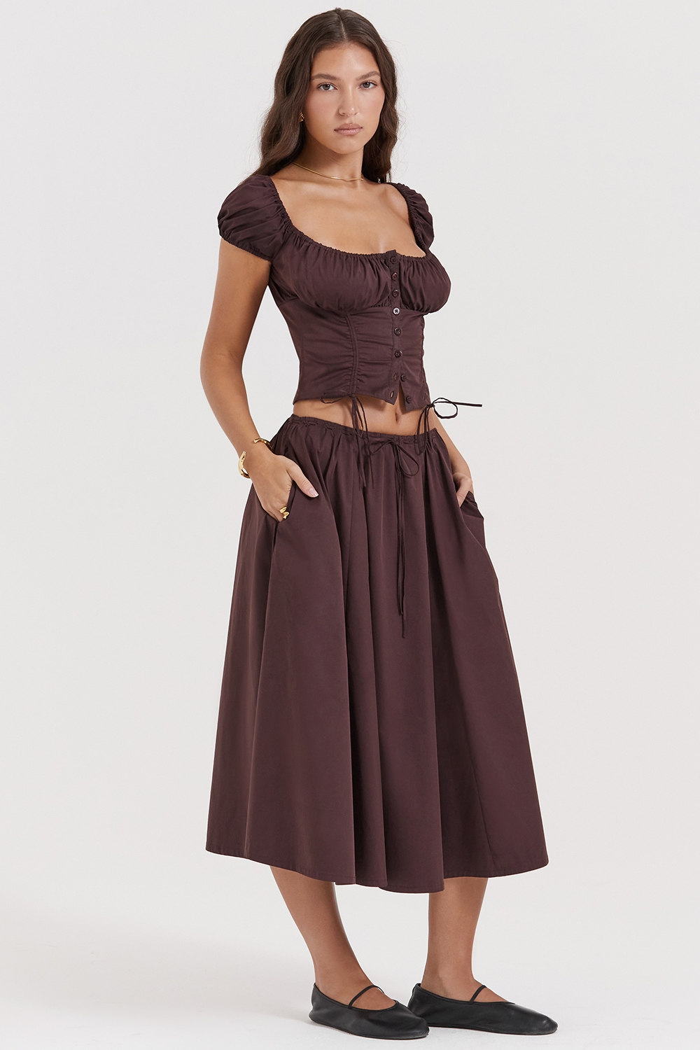 Cora-Rich Brown Gathered Midi Skirt