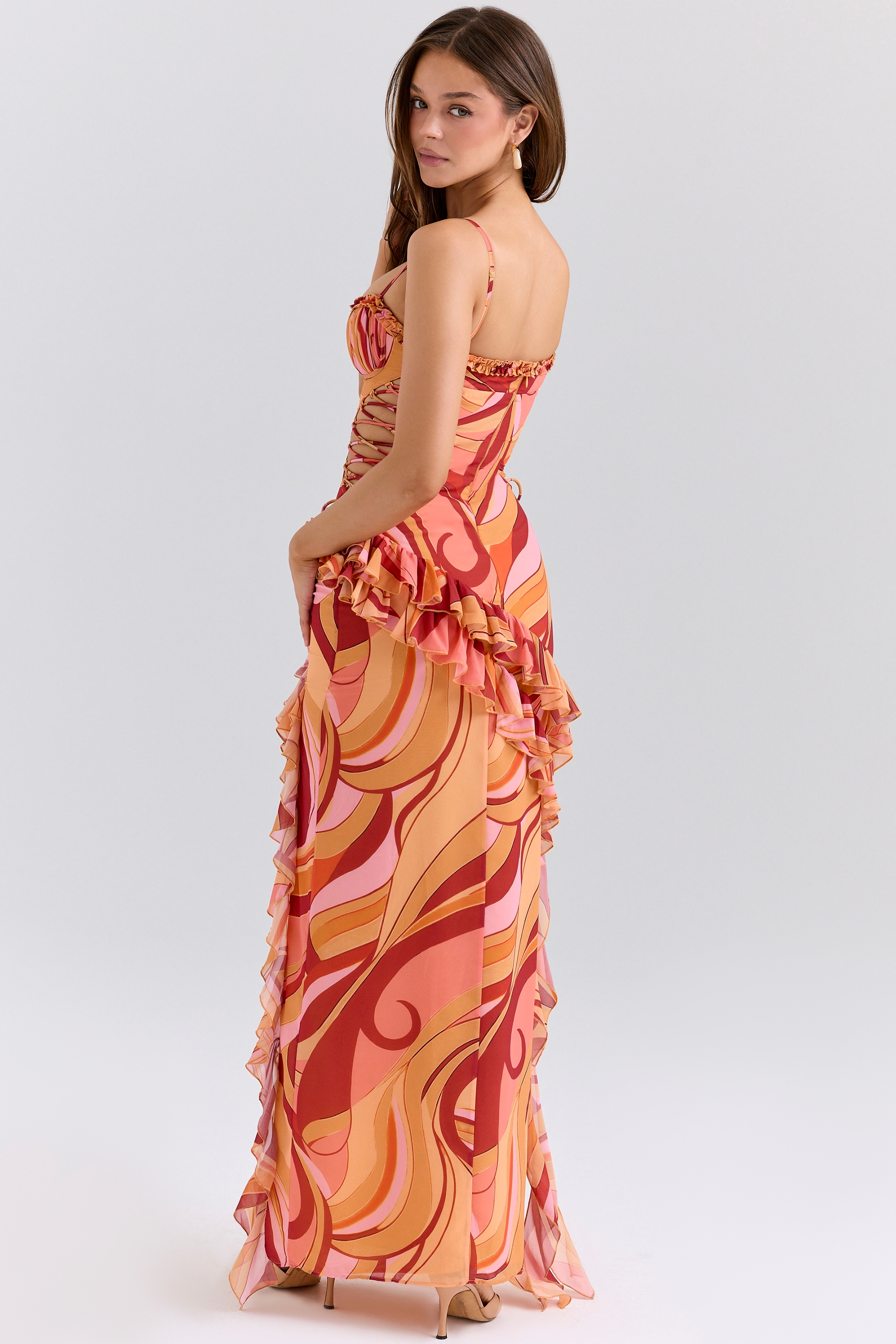 Lumira-Sunset Swirl Print Ruffle Cut Out Maxi Dress