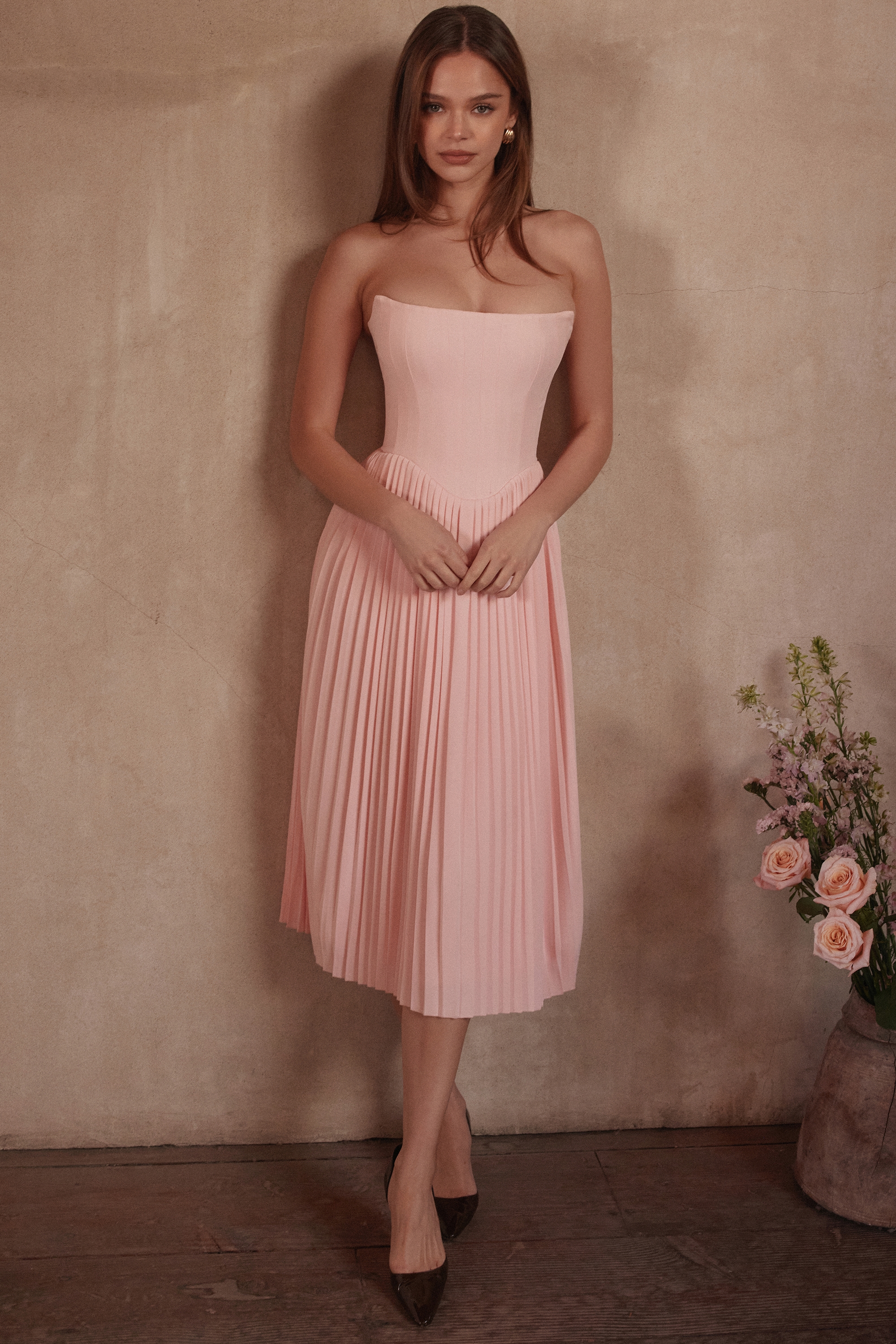 Marci-Pink Pleated Midi Corset Dress