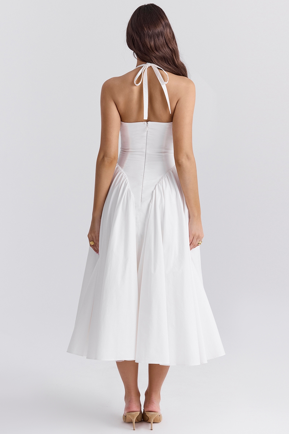 Marilyn-White Cotton Halter Midi Sundress