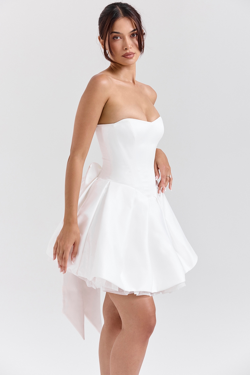 Noele-White Satin Strapless Bow Mini Gown
