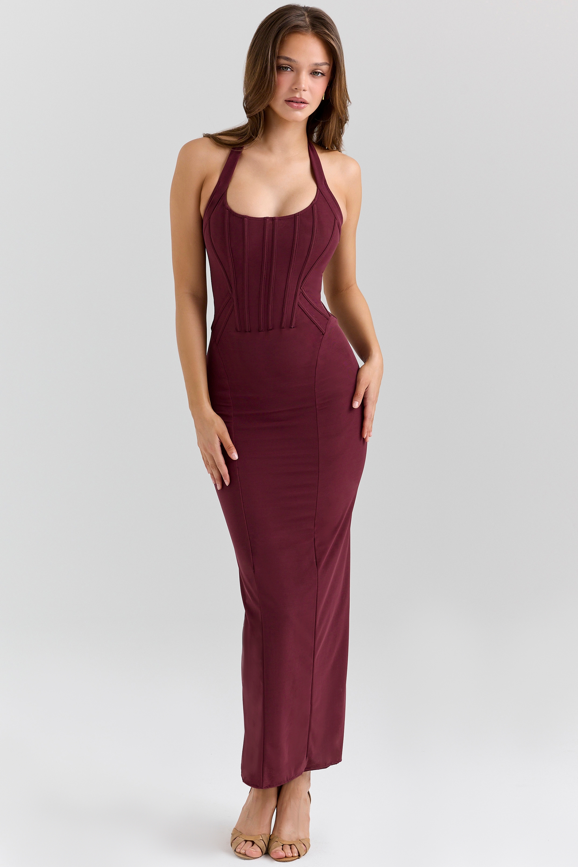 Lusilla-Grape Stretch Mesh Halter Neck Midi Dress