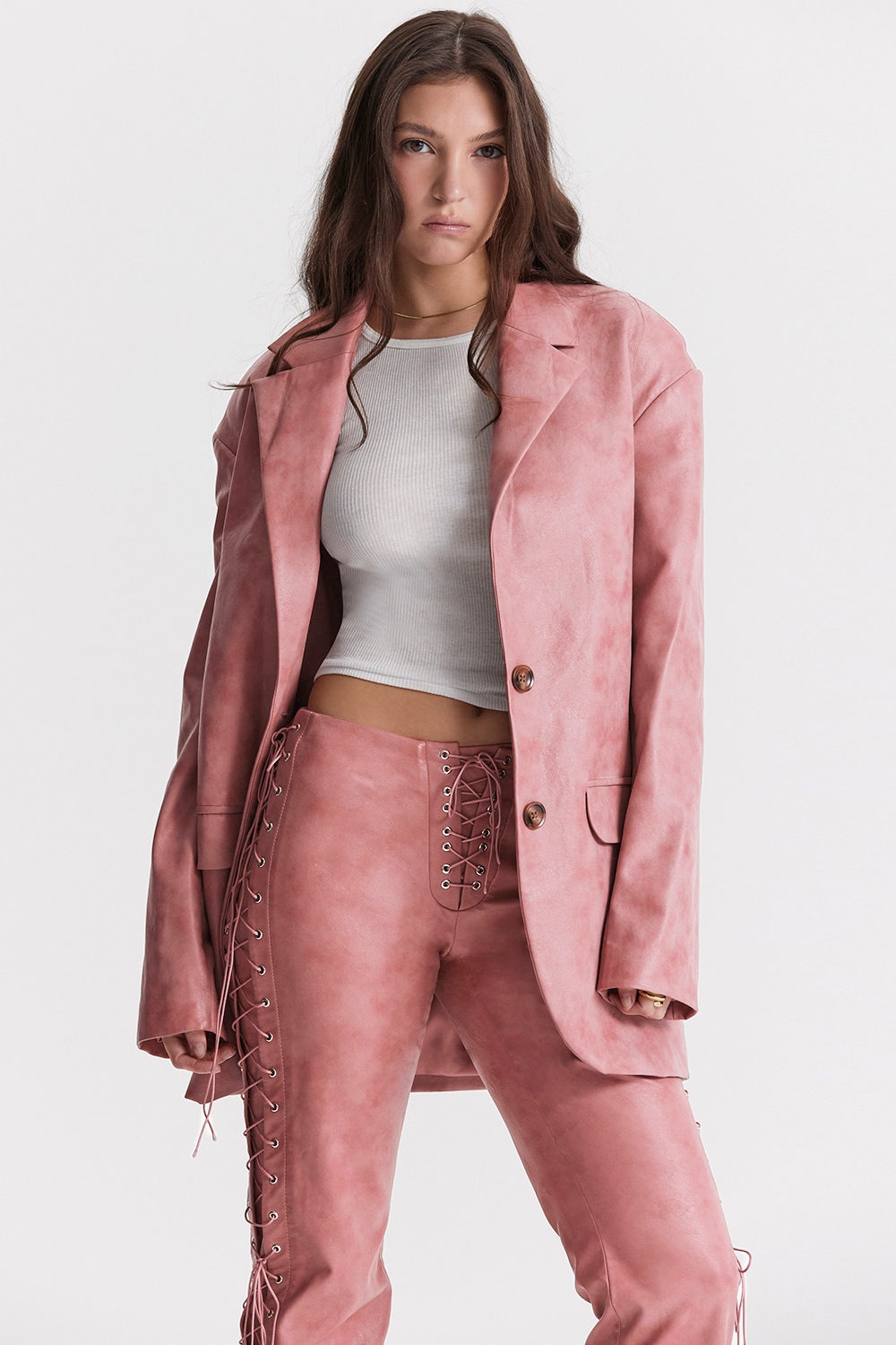 Kiera-Warm Pink Vegan Leather Oversized Blazer