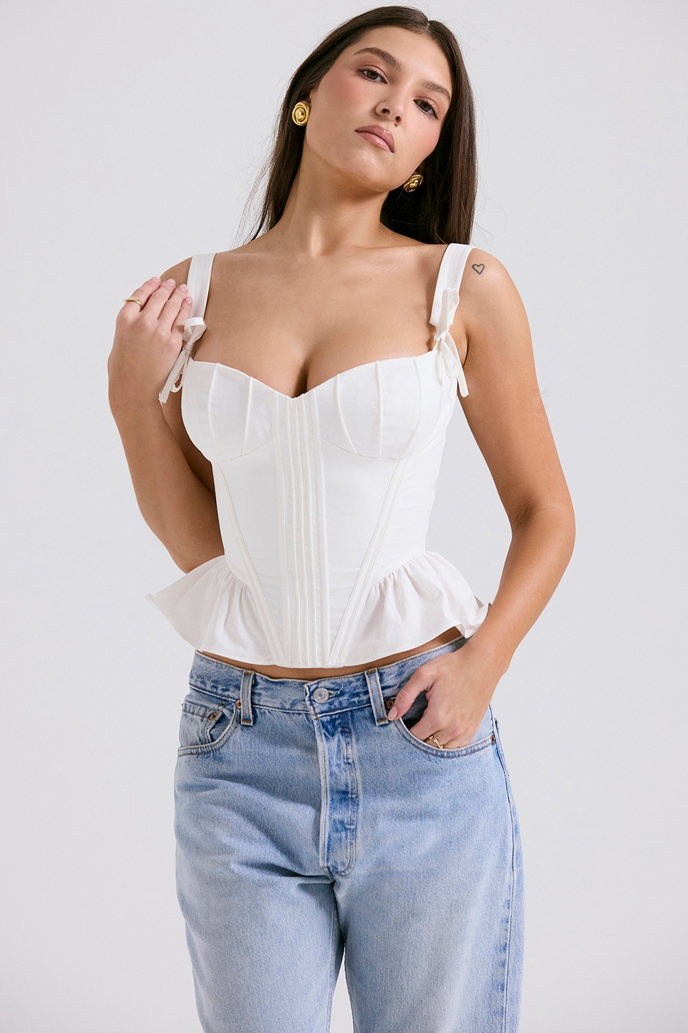 Gigou-White Peplum Cotton Corset