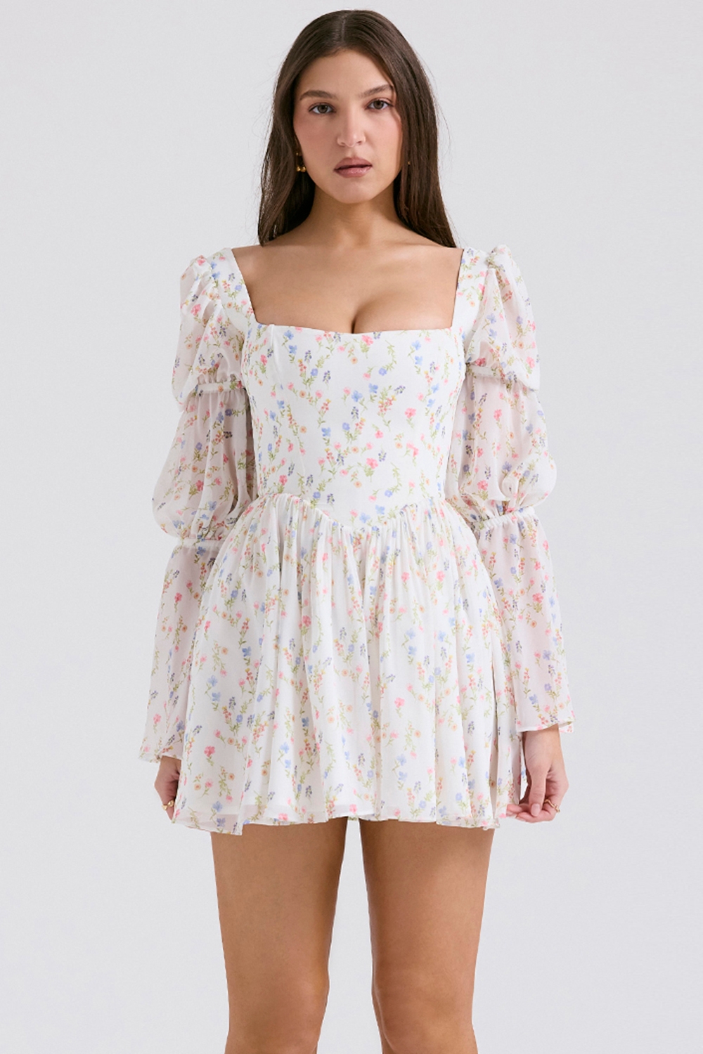 Sancia-White Posy Print Puff Sleeve Mini Dress