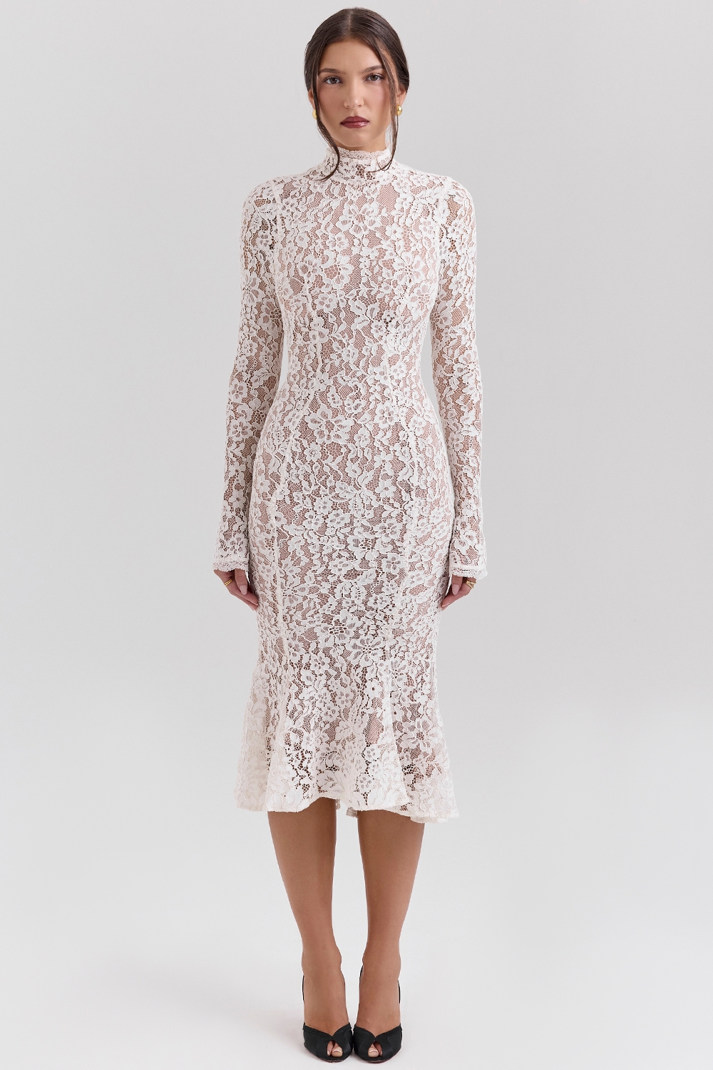 Sophia-Vintage Ivory Lace Fitted Midi Dress