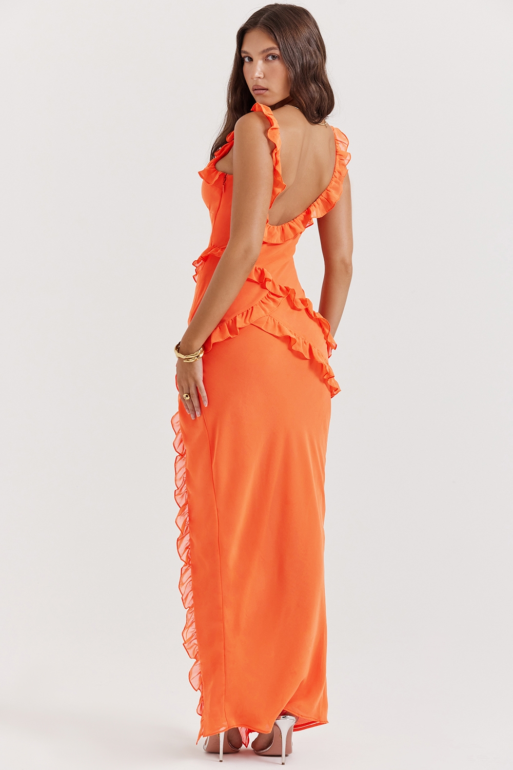Pixie-Flame Orange Ruffle Maxi Dress