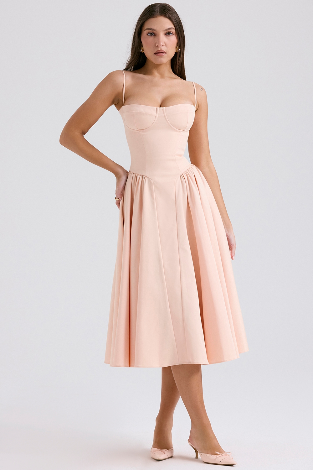 Samaria-Peach Parfait Twill Corset Midi Dress