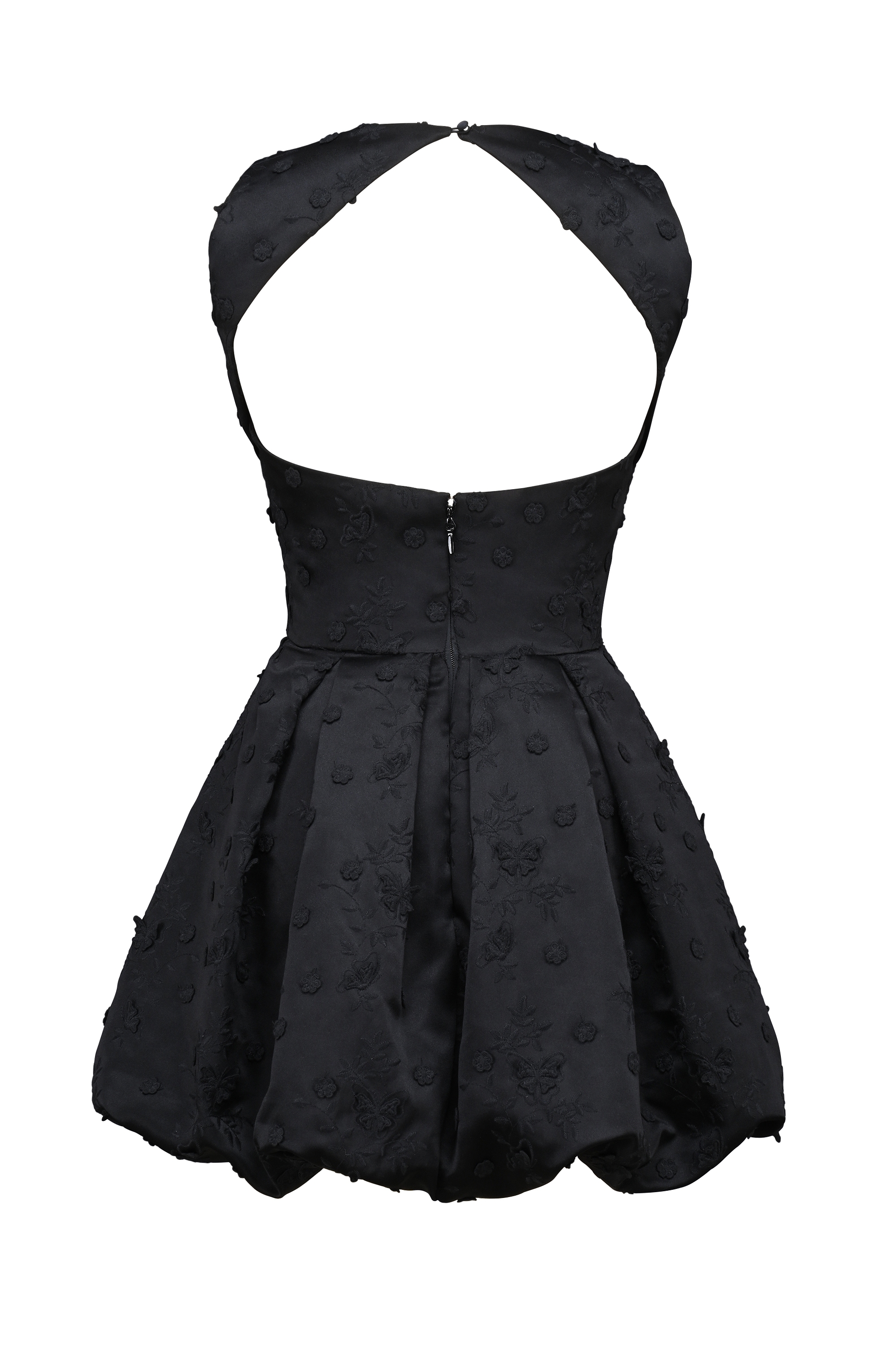 Melika-Black Backless Embroidered Mini Puffball Dress