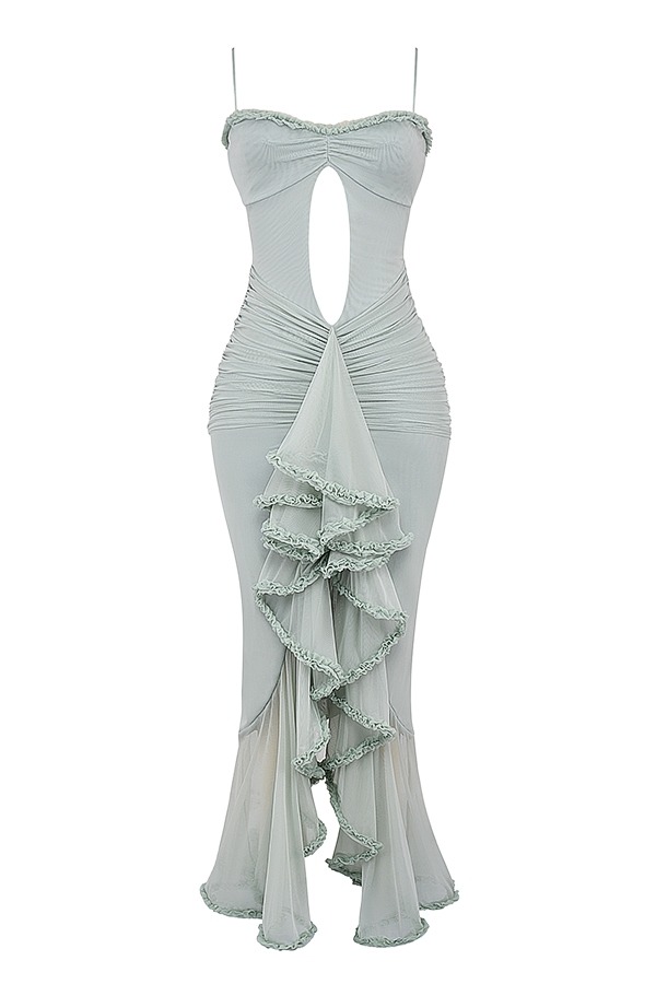 Gabriella-Pistachio Ruffled Front Gown