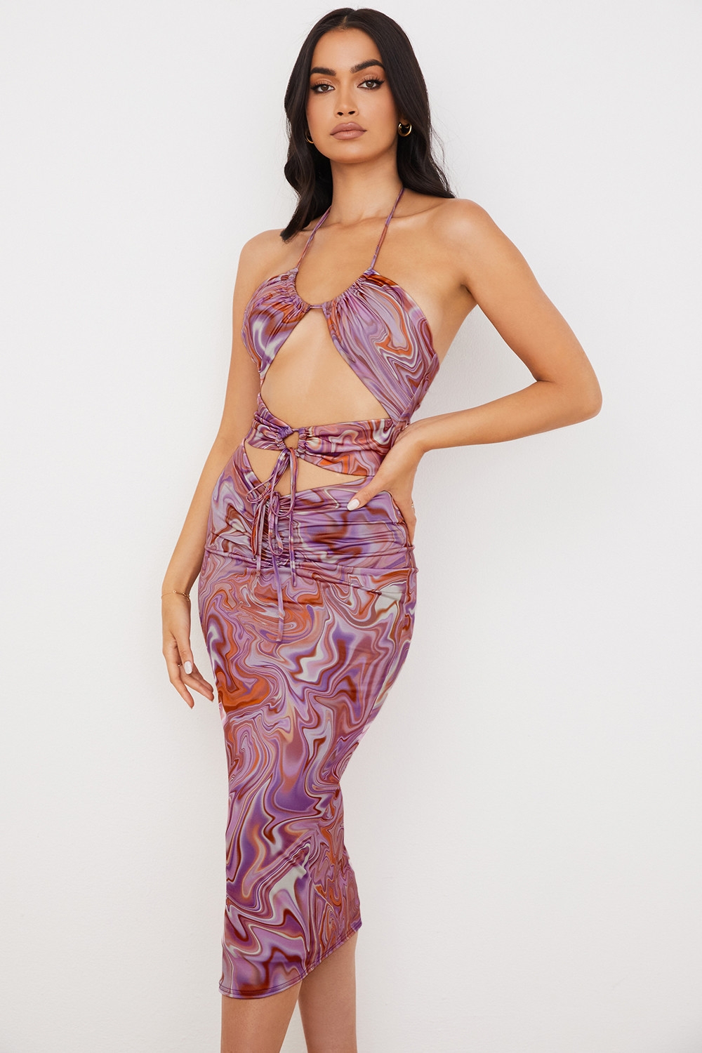 Kasia-Purple Swirl Cutout Midi Dress