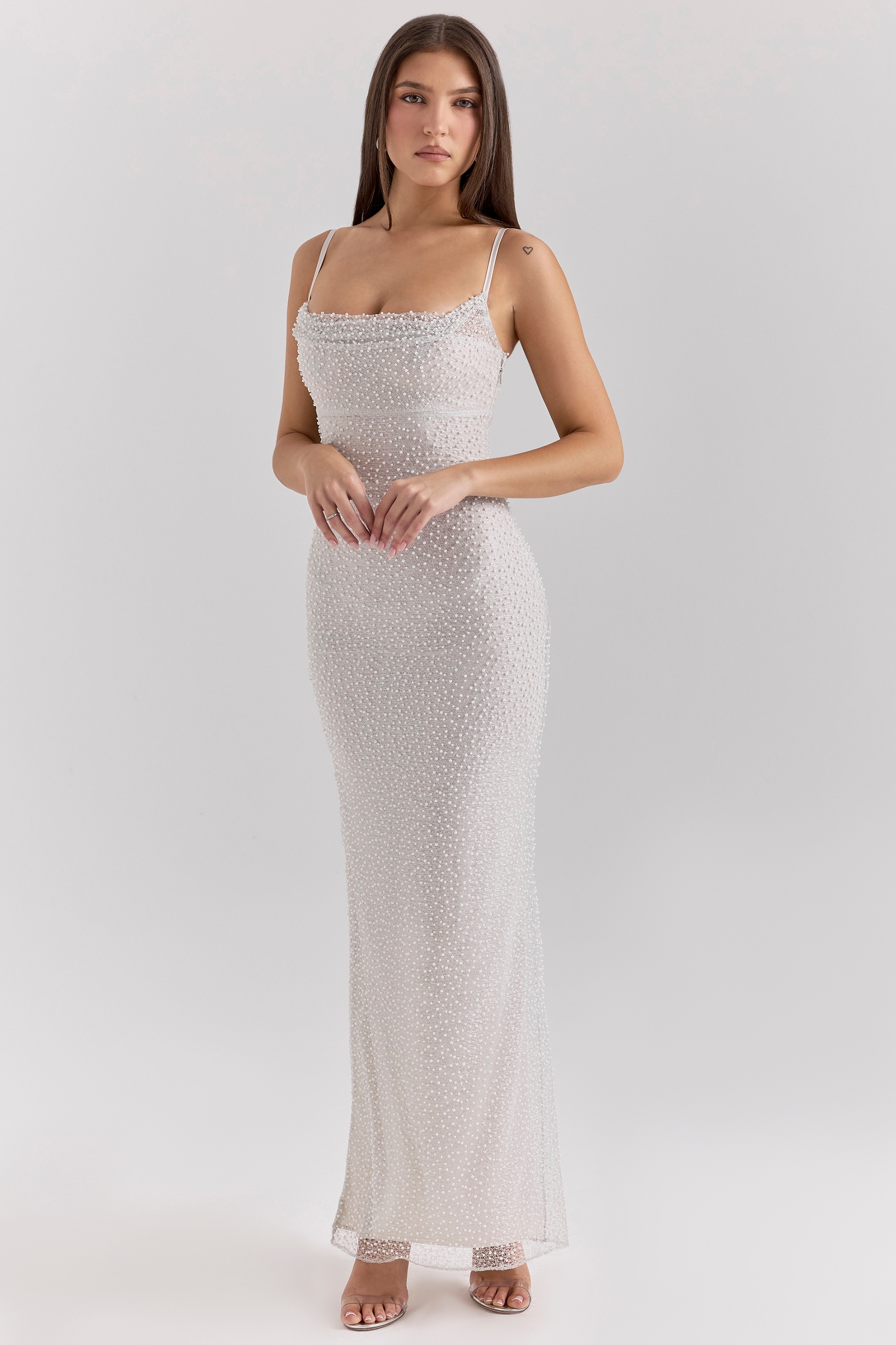 Calla-Silver Pearl Embellished Maxi Dress