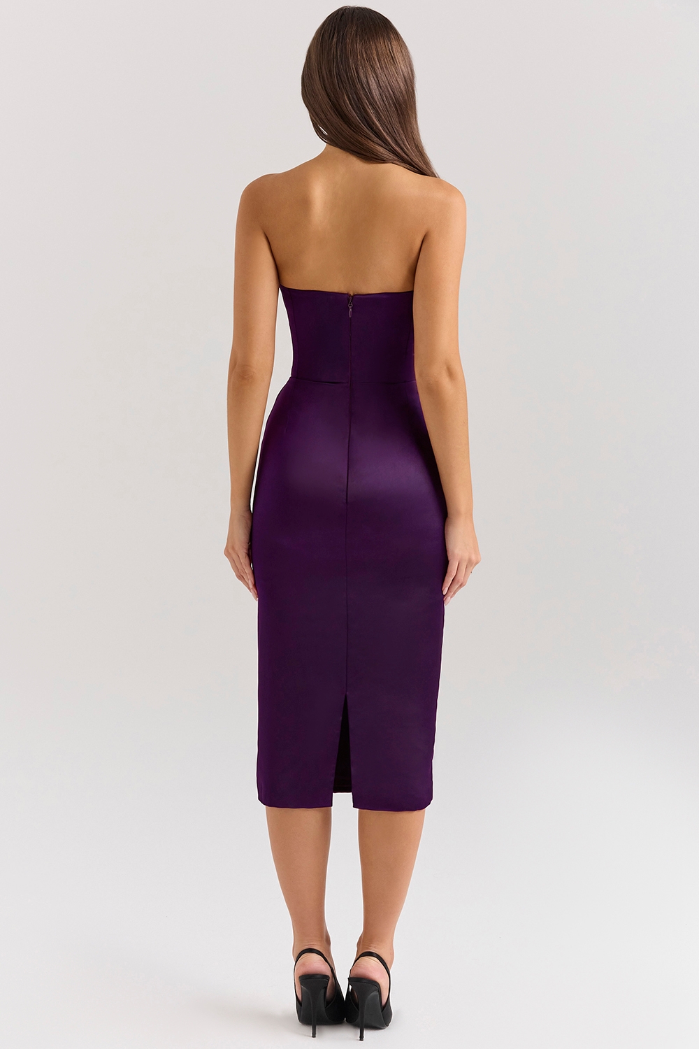 Santana-Grape Satin Strapless Midi Dress