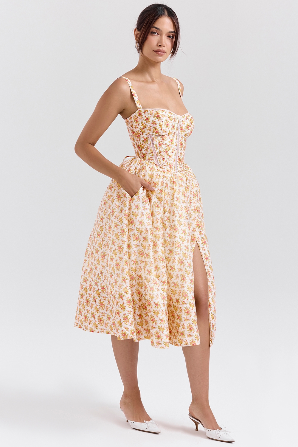 Kelly-Royal Rose Print Corset Midi Sundress