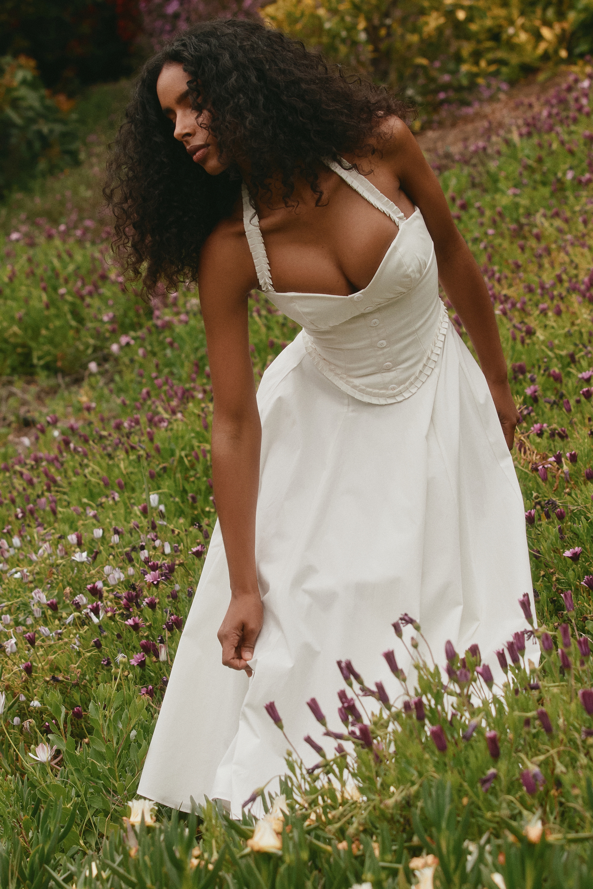 Georgie-White Stretch Cotton Halter Neck Midi Dress