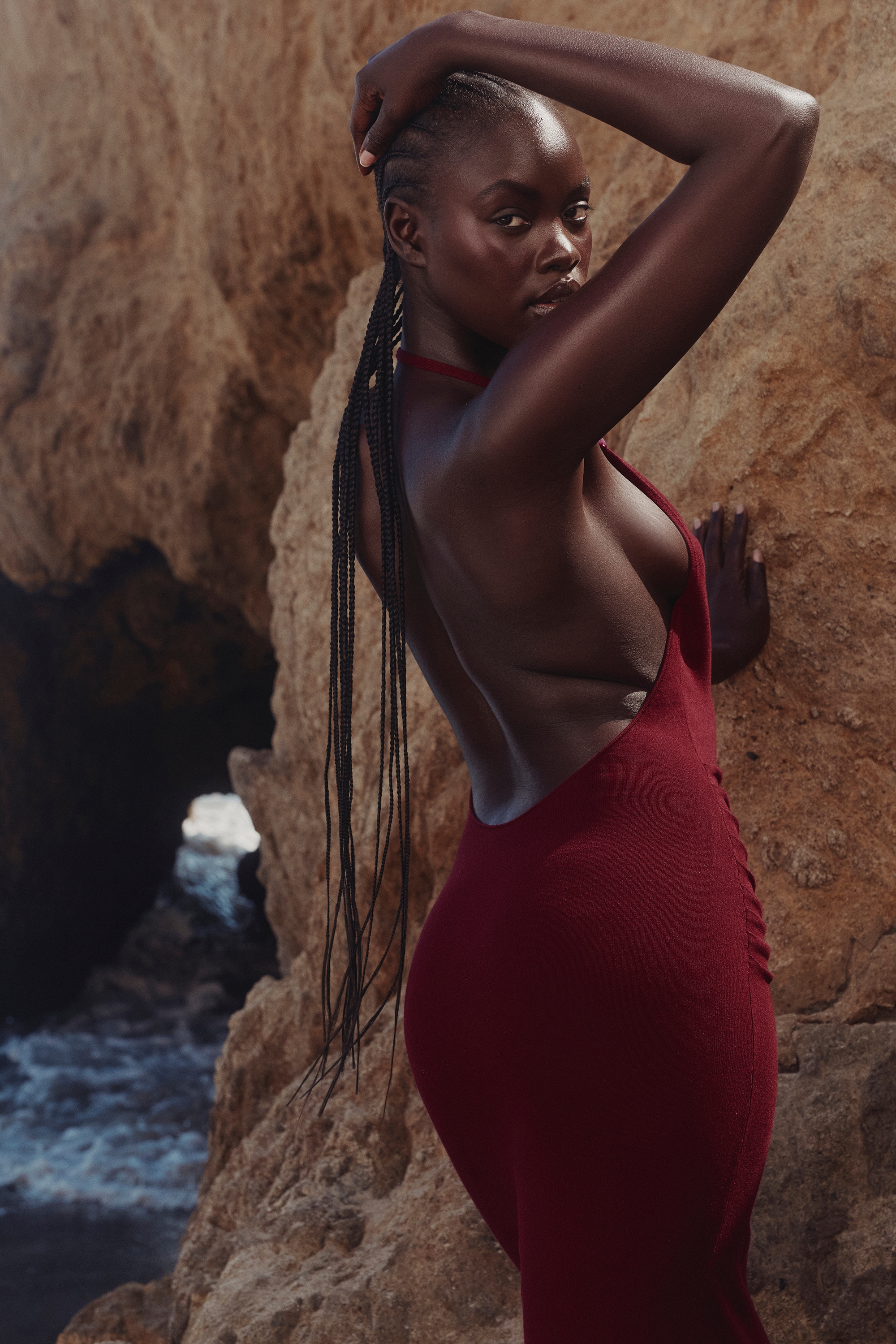 Thalina-Wine Draped Halter Neck Knit Maxi Dress