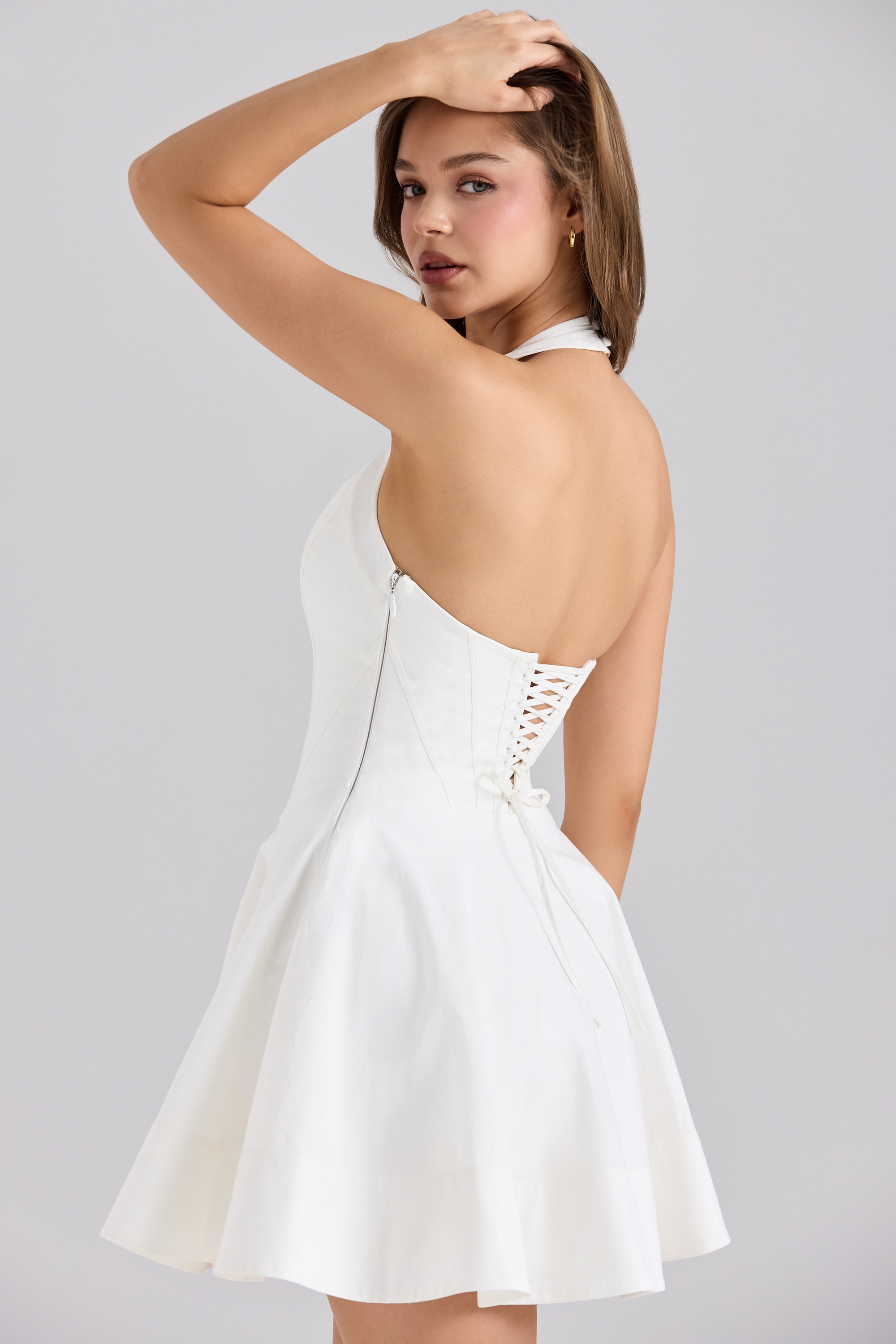 Sasha-White Stretch Cotton Halter Neck Mini Dress