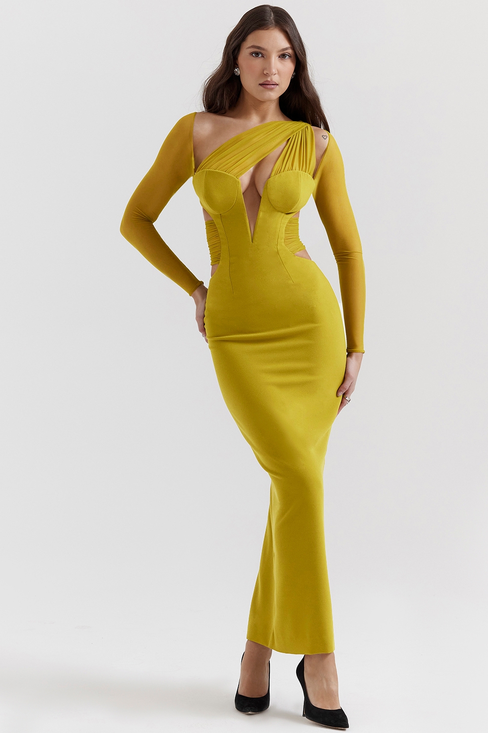 Zahra-Chartreuse Plunge Maxi Dress