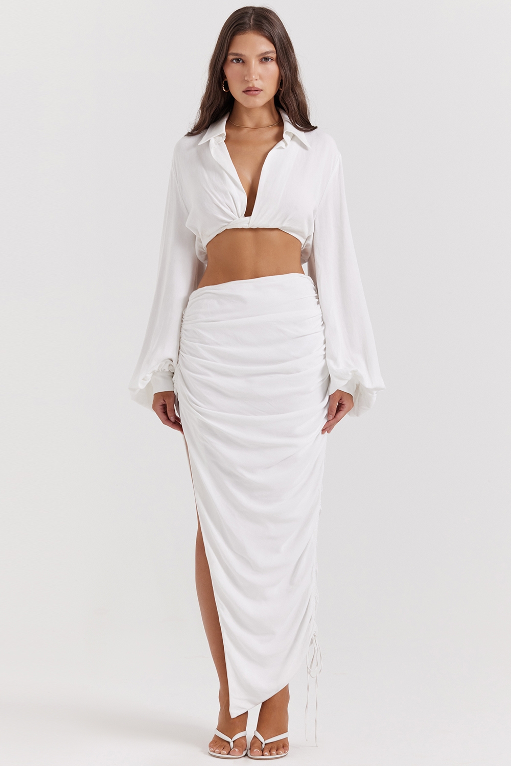 Loie-White Gathered Maxi Skirt