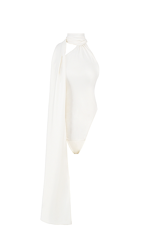 Farrah-Ivory Satin Wrap Neck Bodysuit