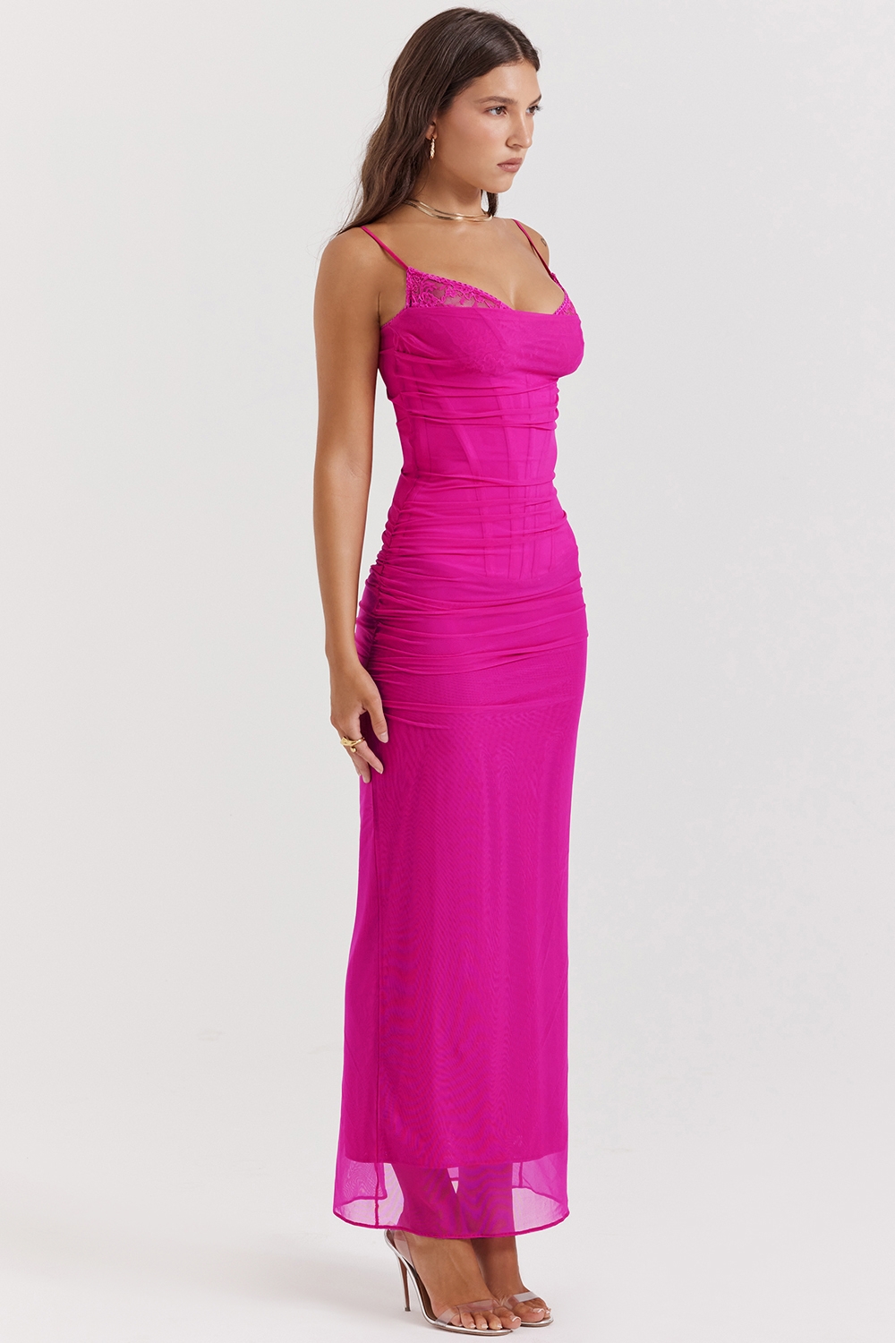 Nalini-Fuchsia Stretch Mesh Maxi Dress