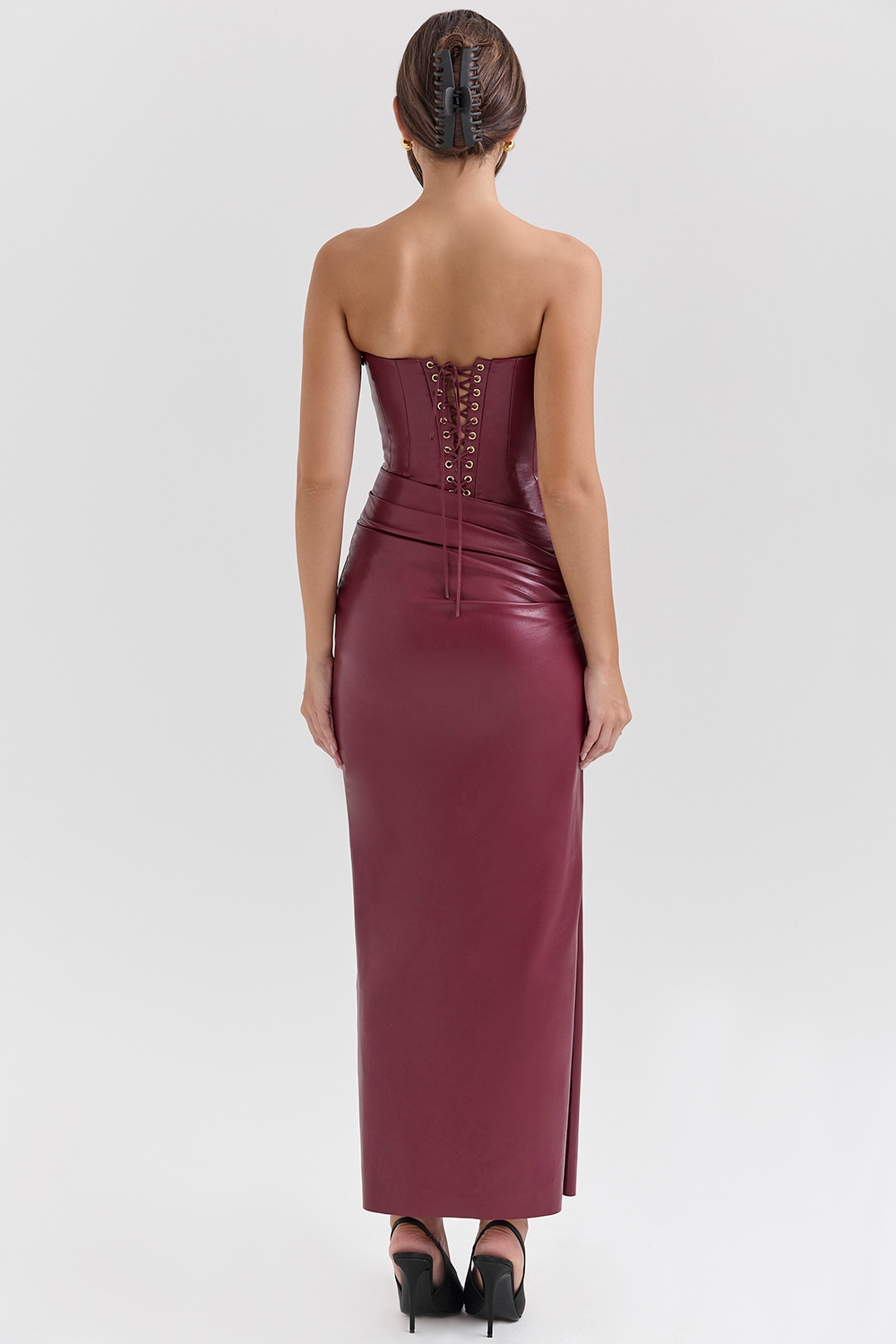 Juliana-Cabernet Vegan Leather Midi Dress