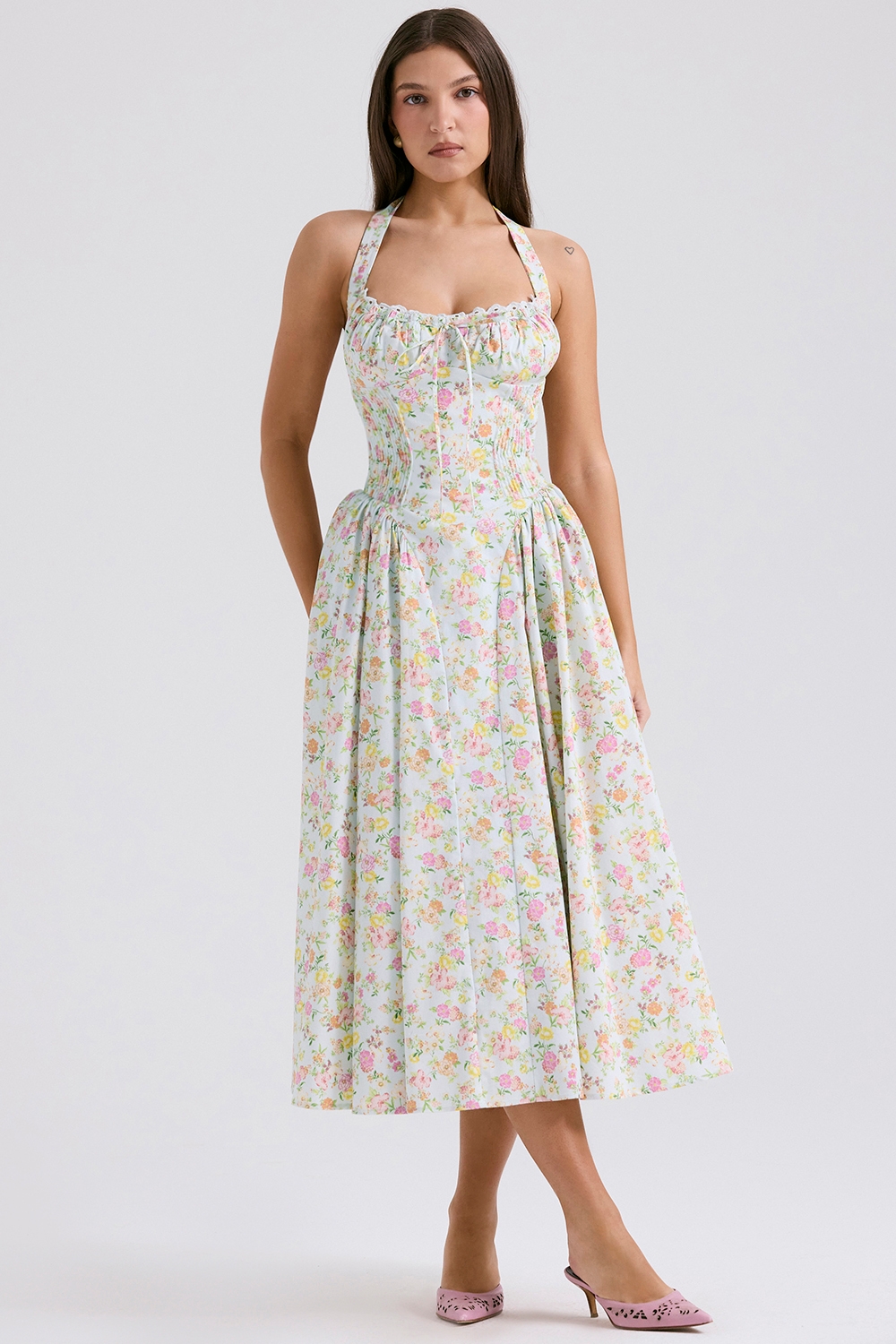 Adabella-Pale Blue Meadow Print Cotton Halter Sundress