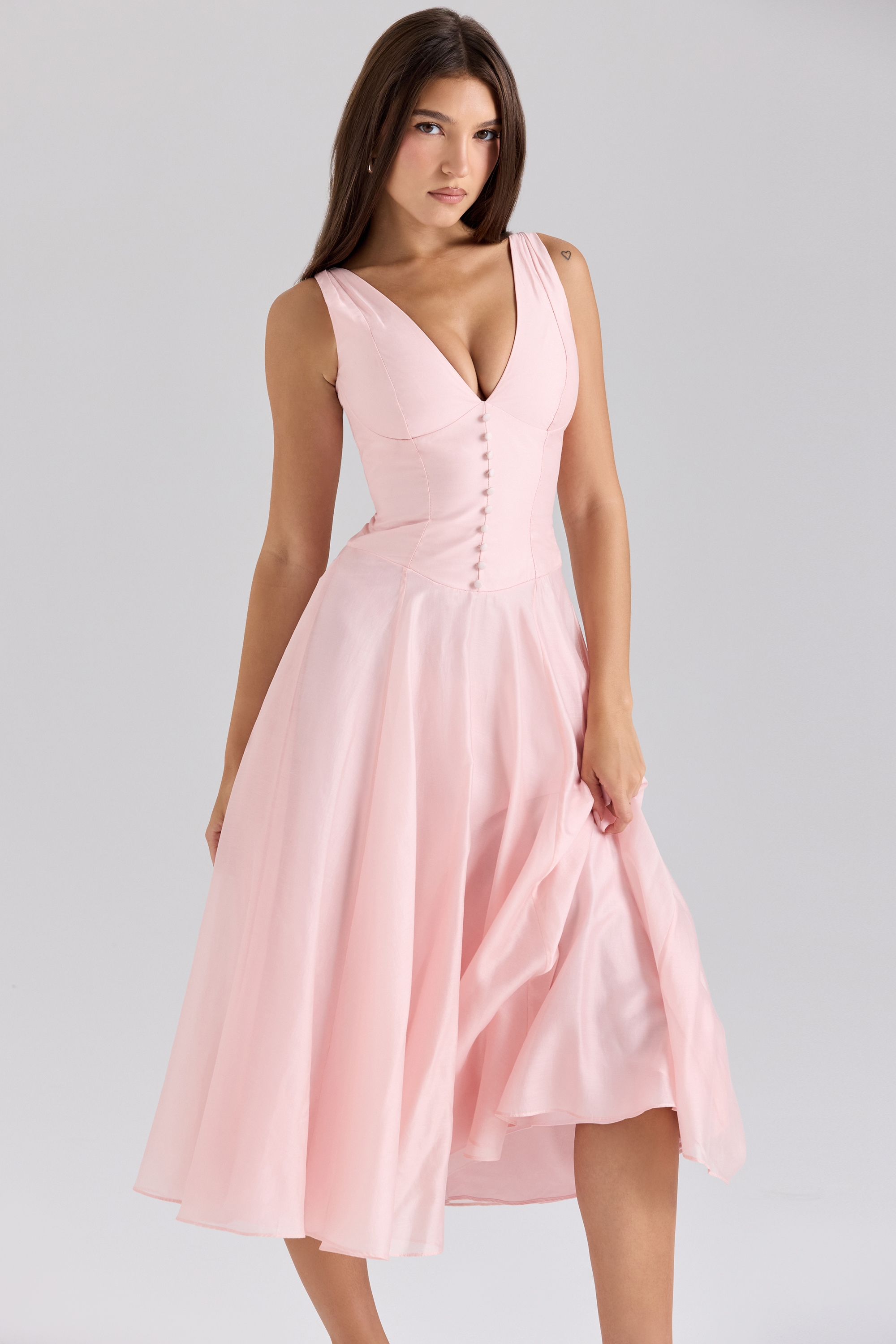 Samira-Pink Chiffon Button Midi Dress
