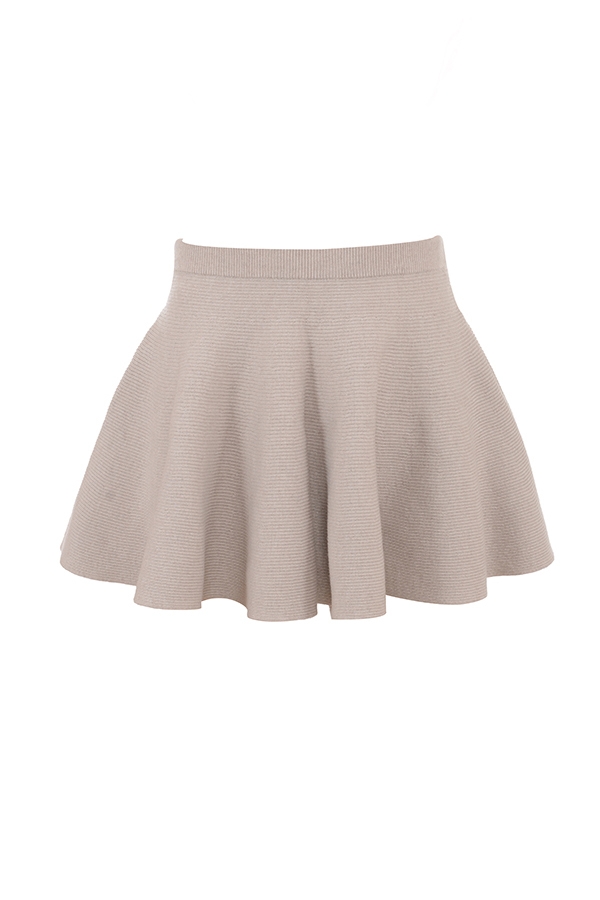 Fern-Biscuit Wool Cashmere Ribbed Flounce Mini Skirt