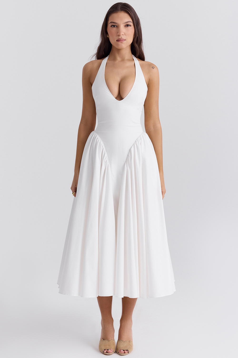 Marilyn-White Cotton Halter Midi Sundress