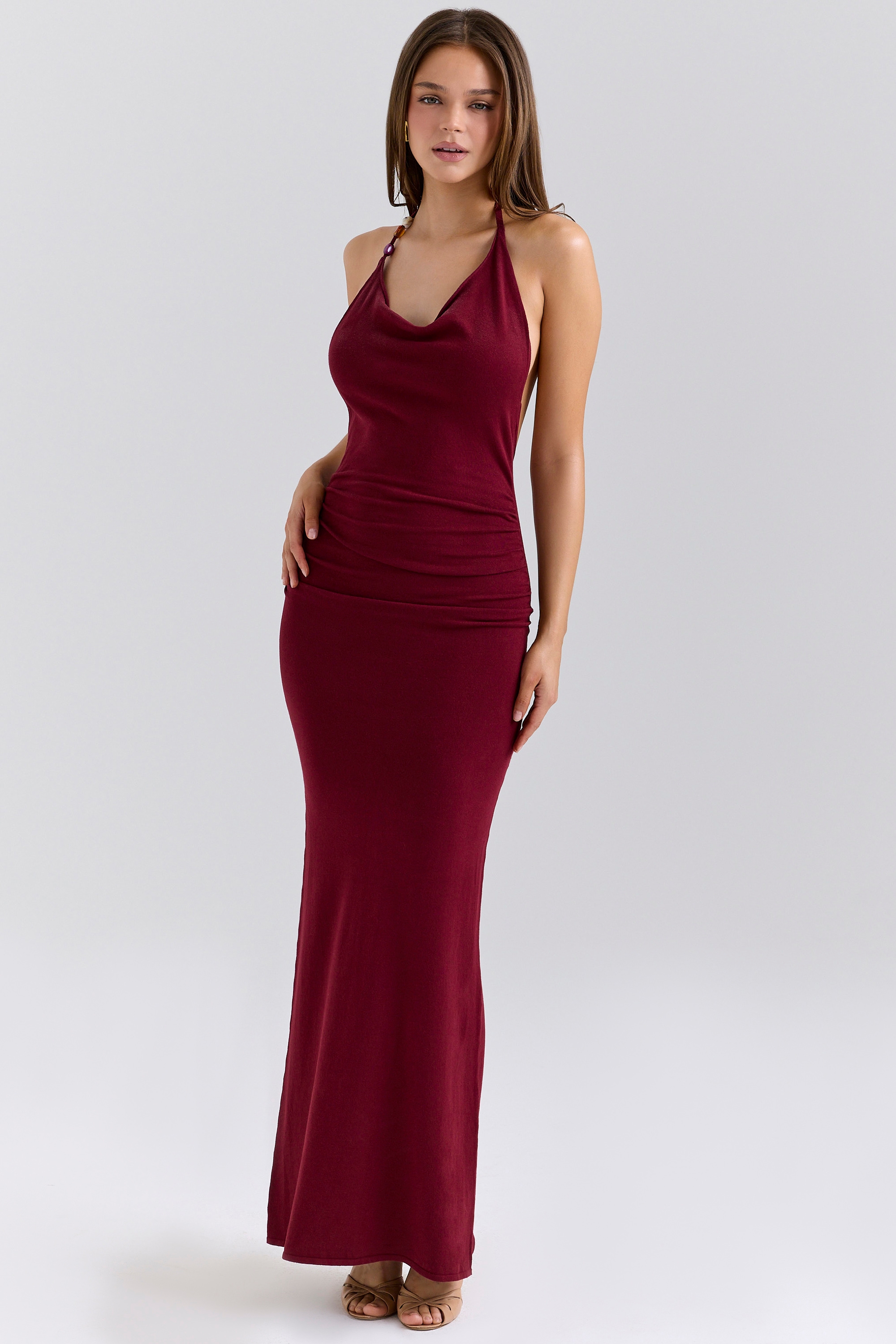 Thalina-Wine Draped Halter Neck Knit Maxi Dress