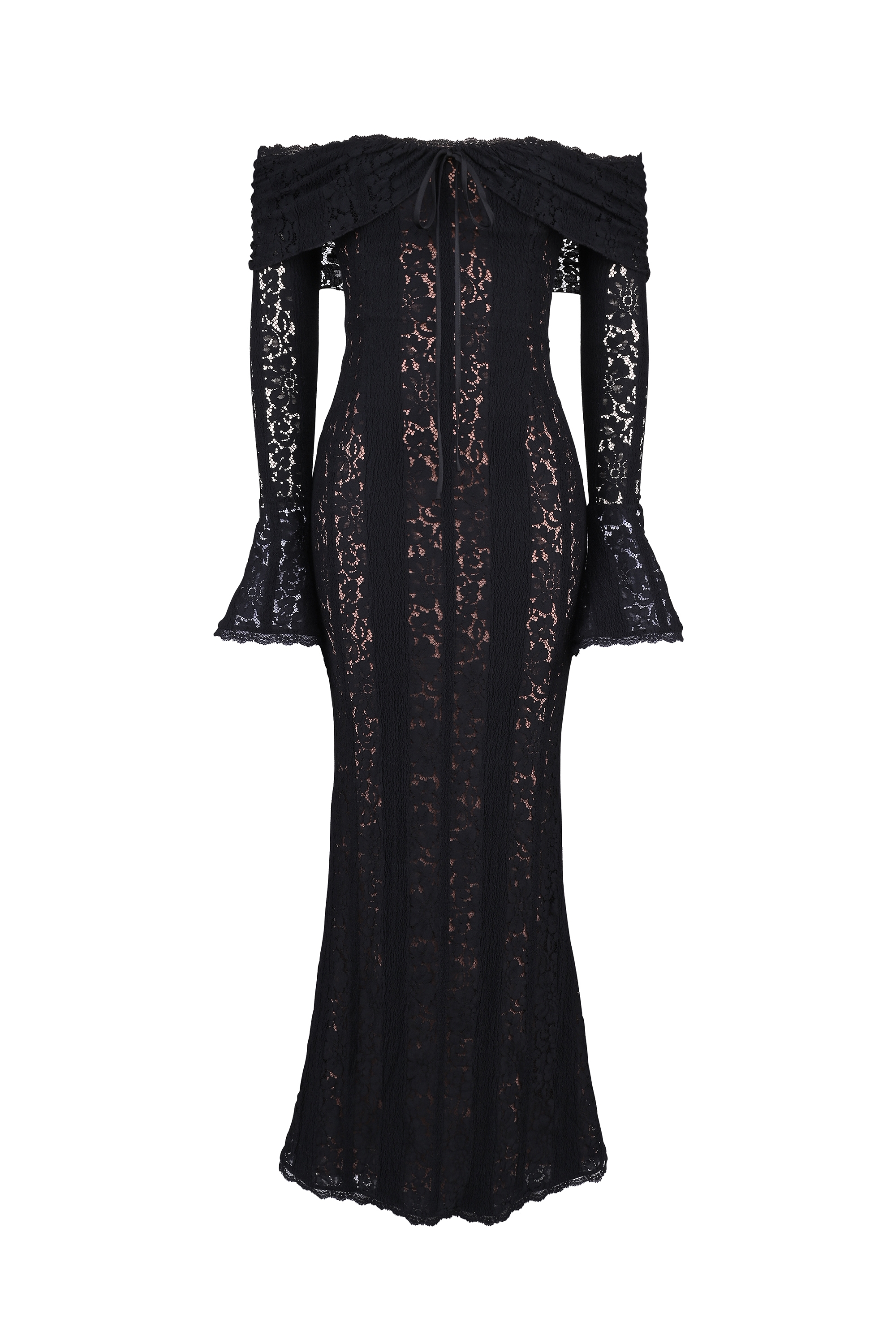 Belle-Black Off Shoulder Floral Lace Maxi Dress