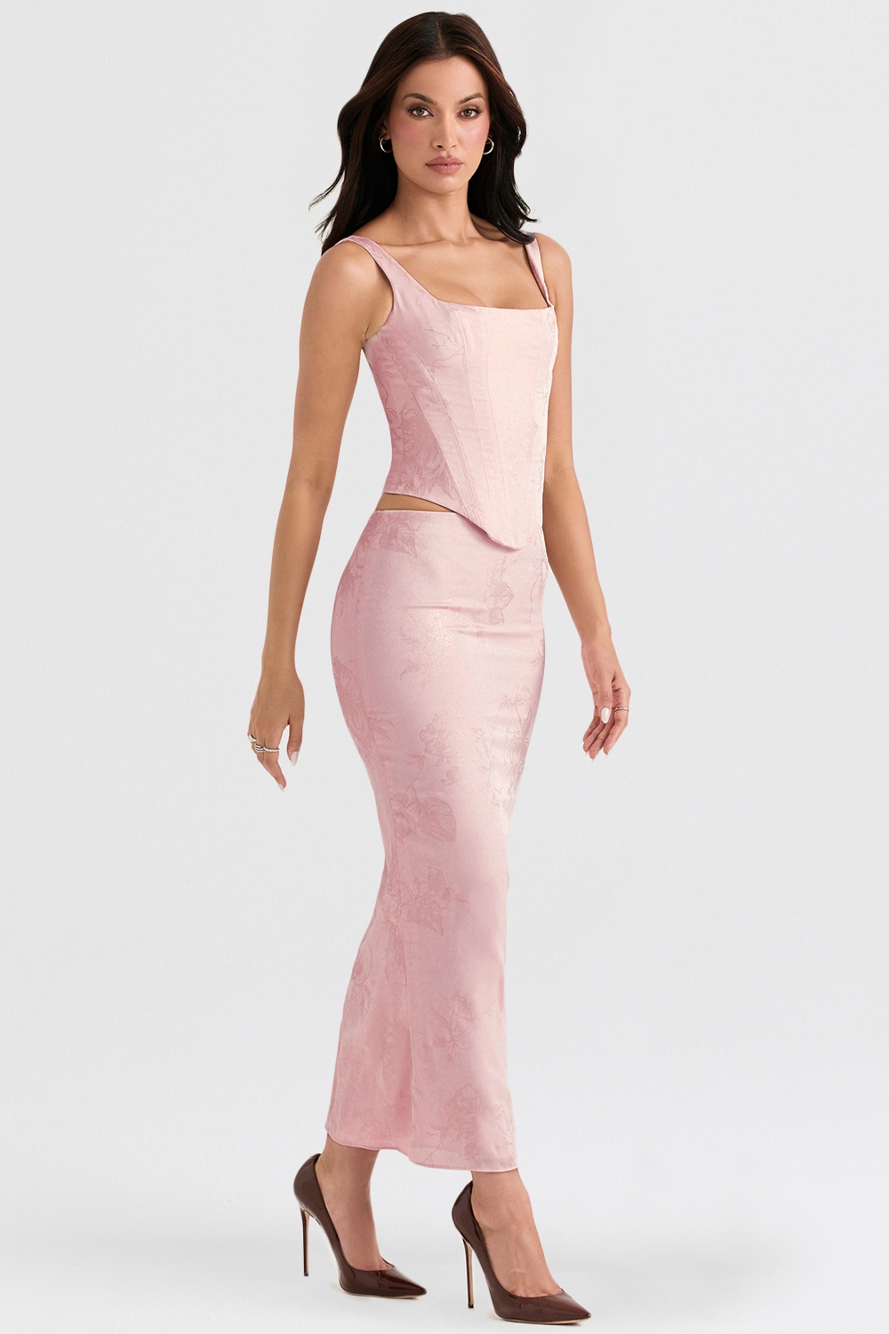 Luisette-Pink Metallic Floral Satin Midi Skirt