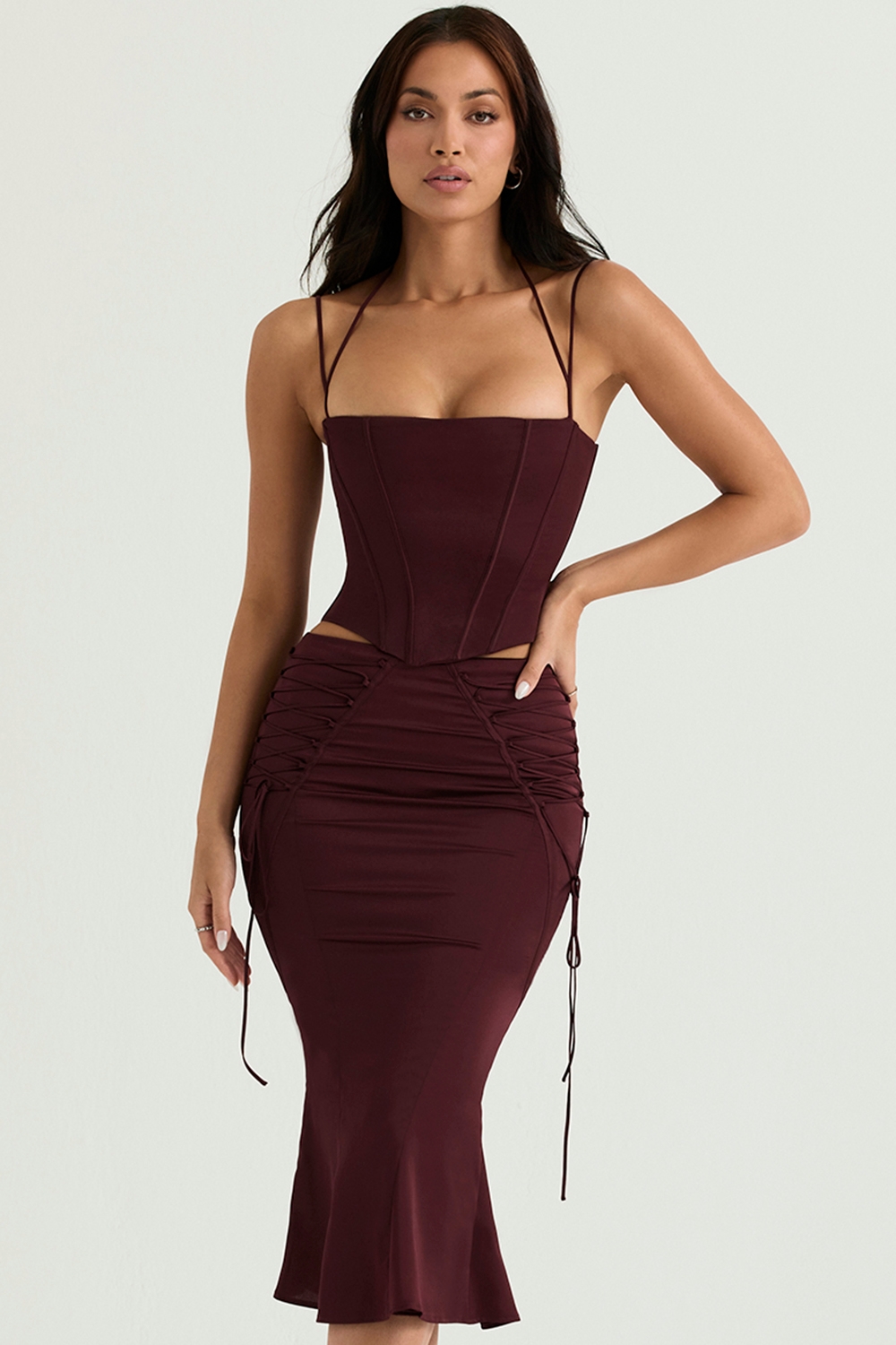 Sidonie-Wine Satin Lace Up Midi Skirt