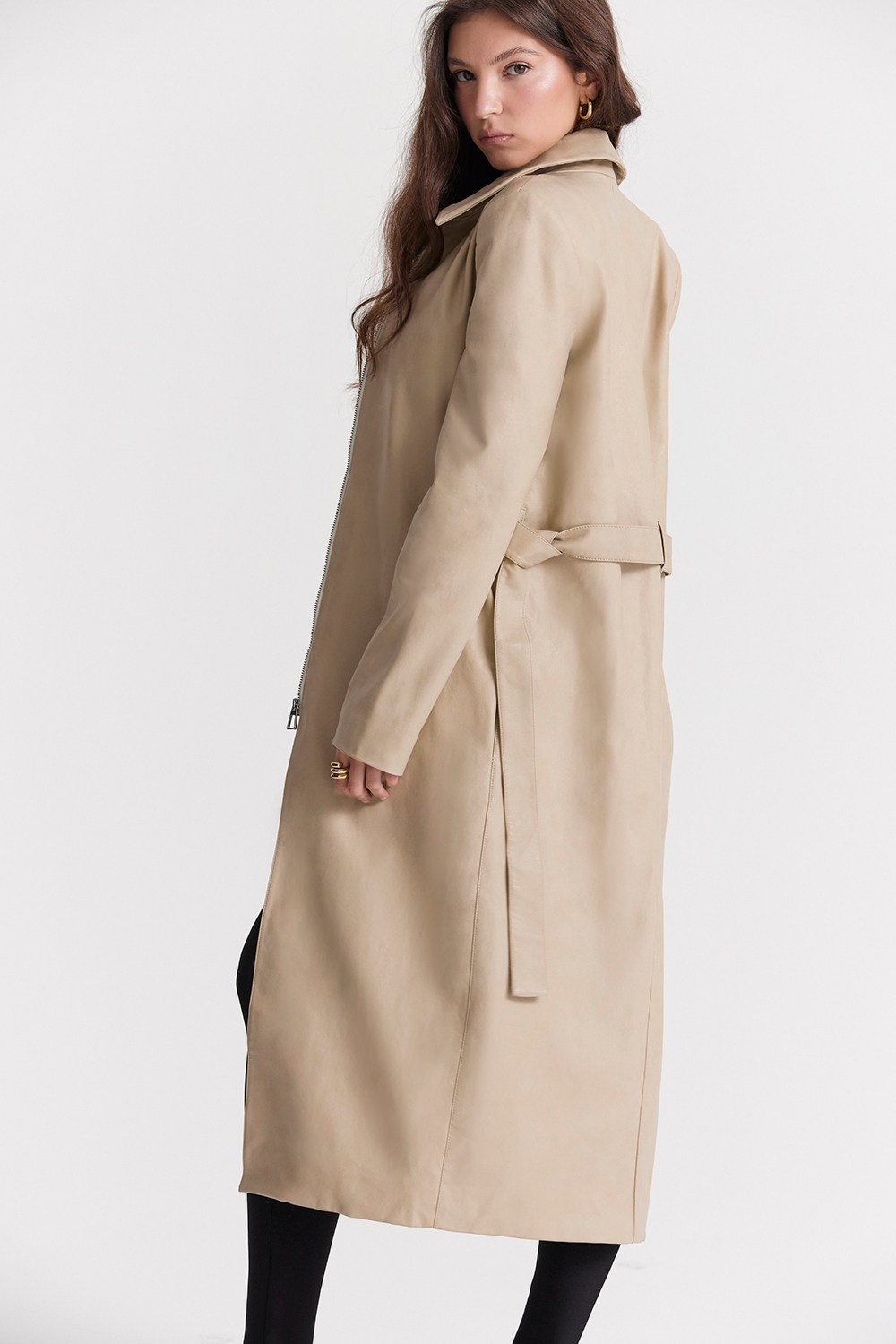 Ariel-Beige Vegan Leather Trench Coat