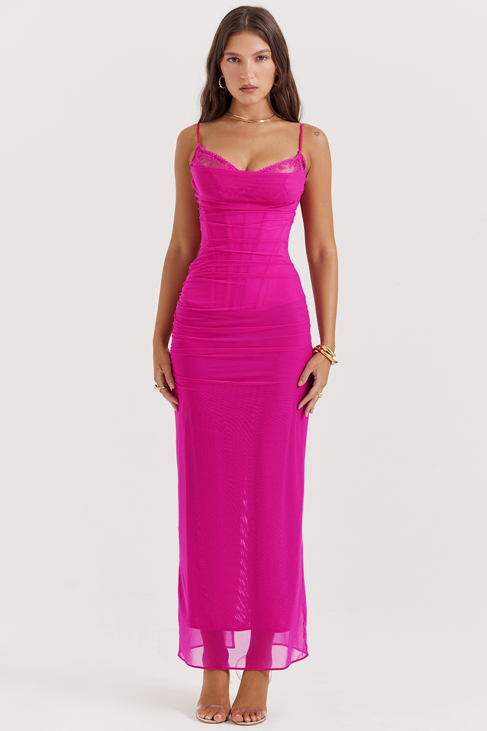 Nalini-Fuchsia Stretch Mesh Maxi Dress