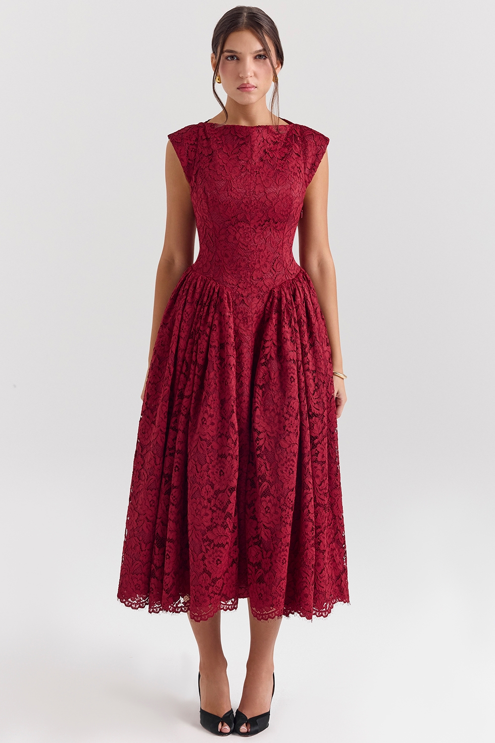 Debutante-Berry Lace Backless Midi Dress