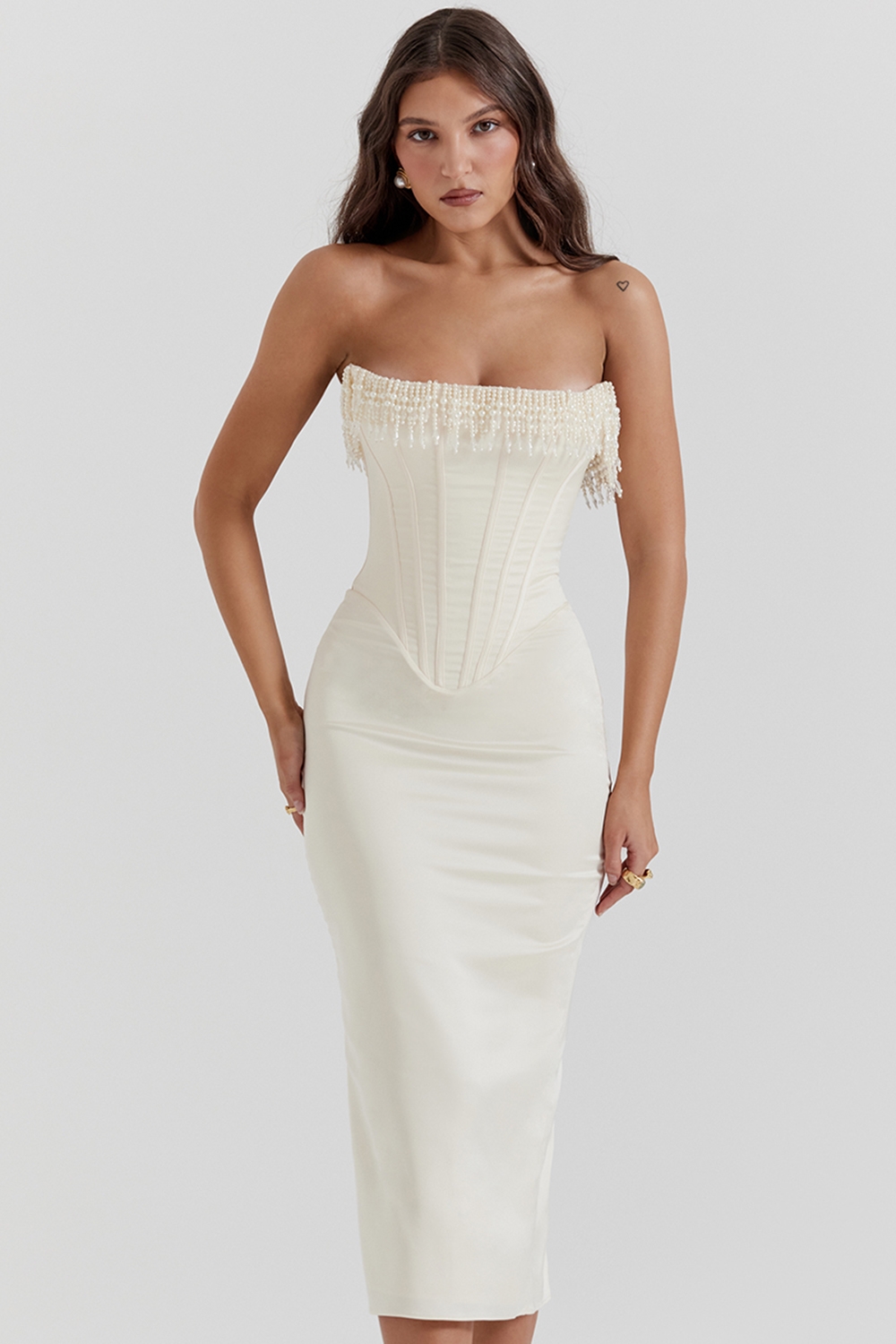 Nalita-Vintage Cream Embellished Strapless Dress