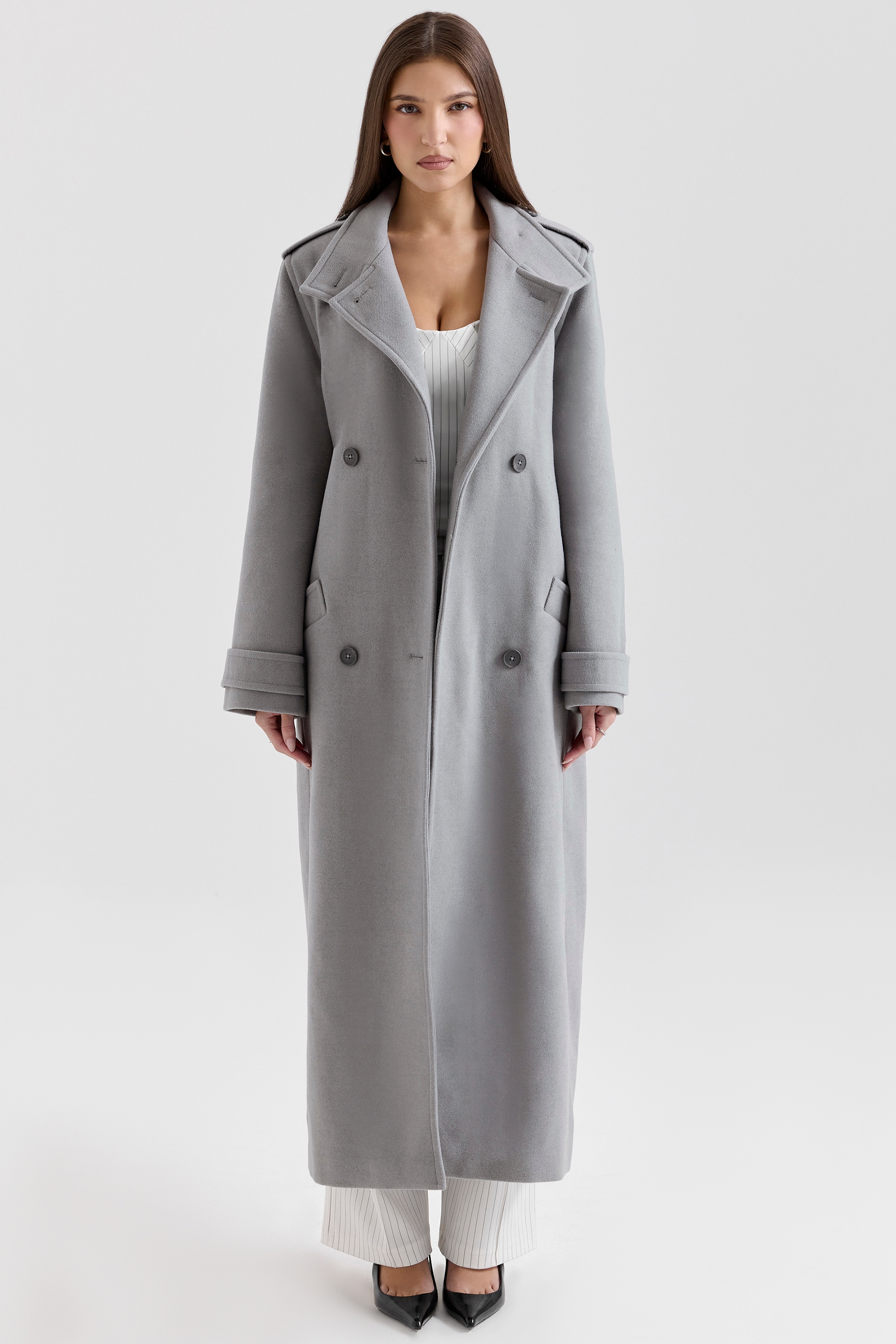 Sander-Grey Double Breasted Funnel Neck Coat